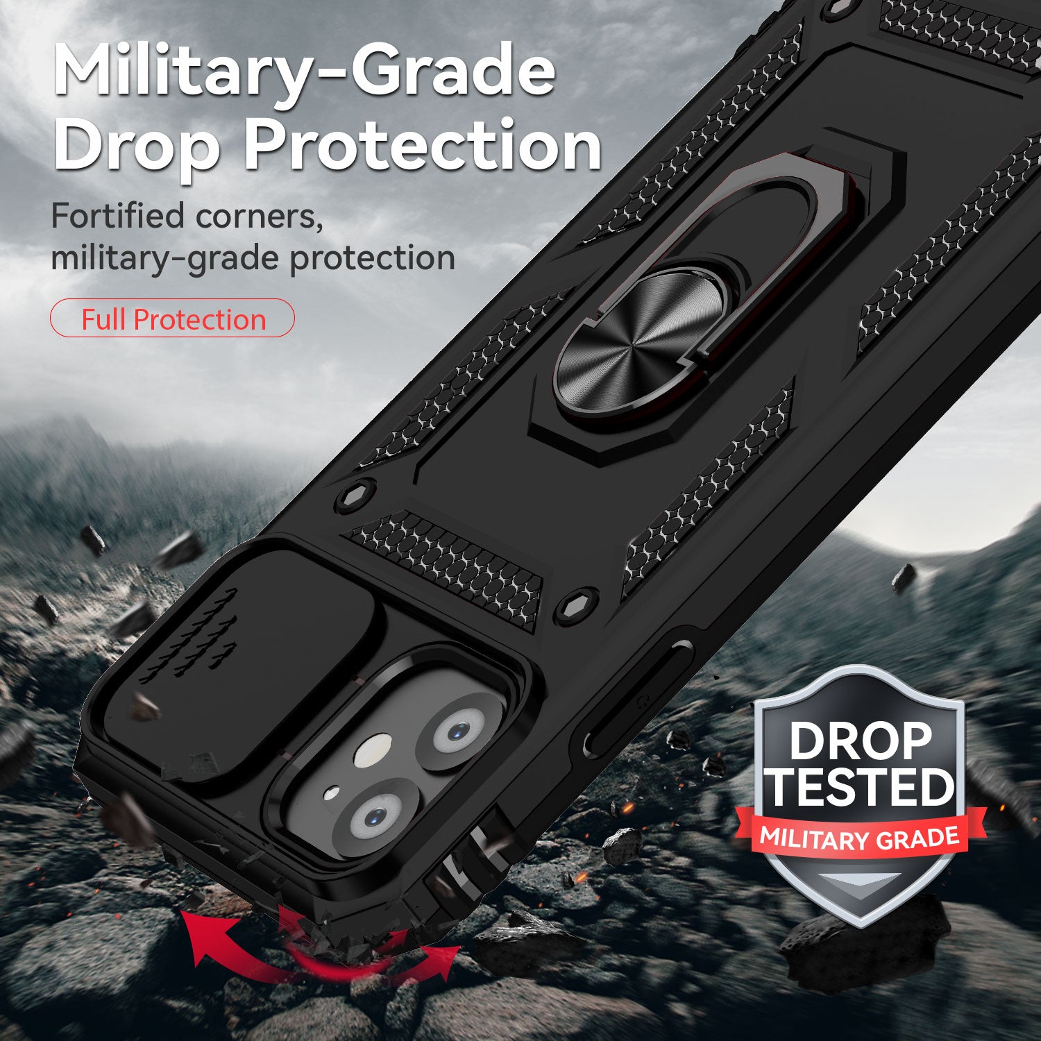 For iPhone 11 Case PC+TPU Kickstand Armour Phone Cover with Camera Slide Guard