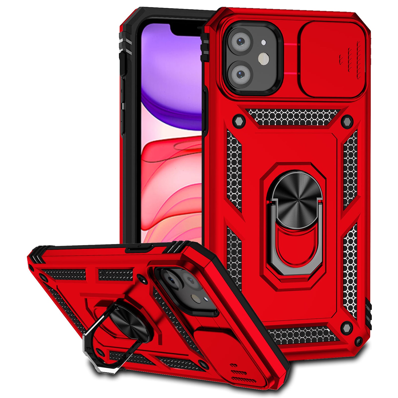 For iPhone 11 Case PC+TPU Kickstand Armour Phone Cover with Camera Slide Guard