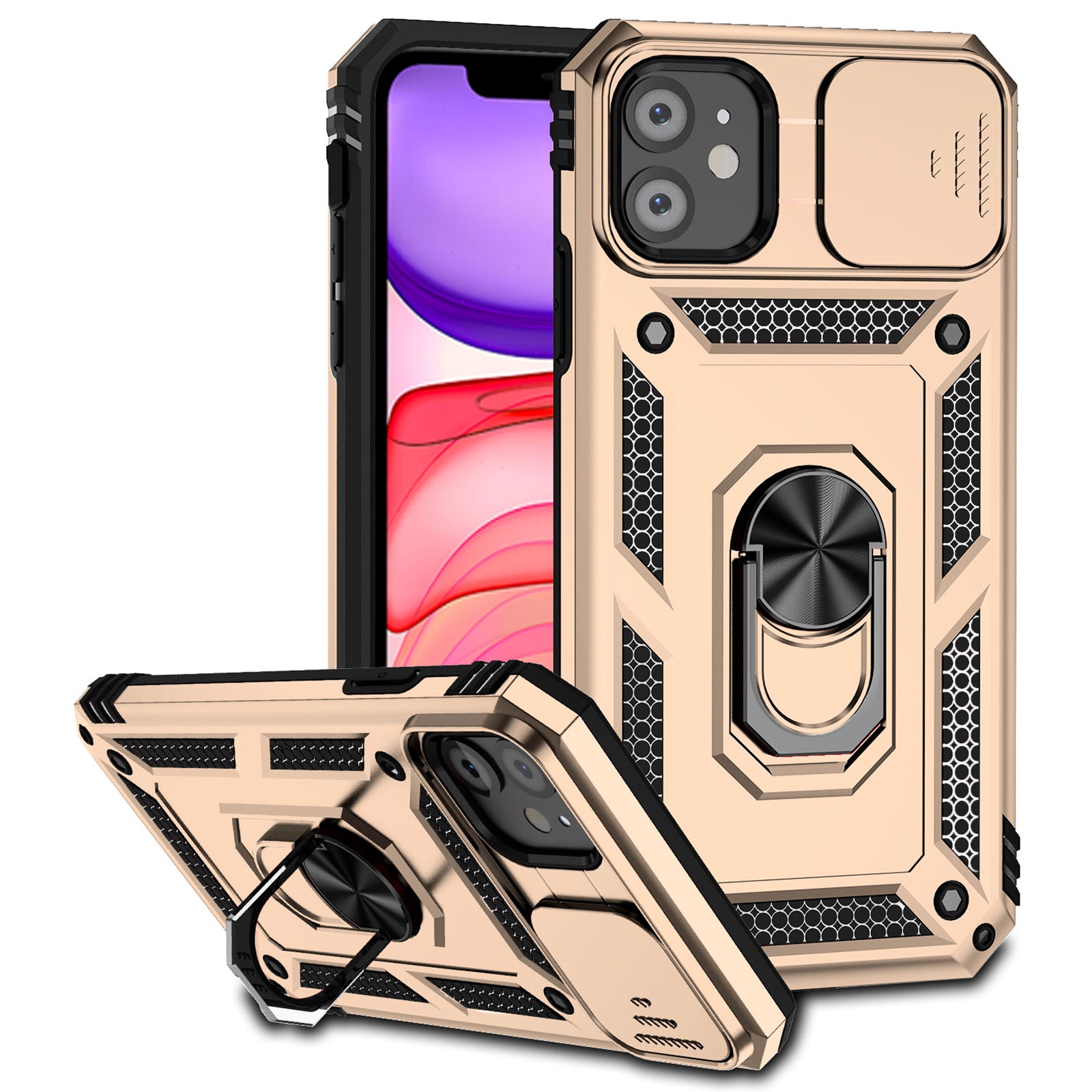 For iPhone 11 Case PC+TPU Kickstand Armour Phone Cover with Camera Slide Guard