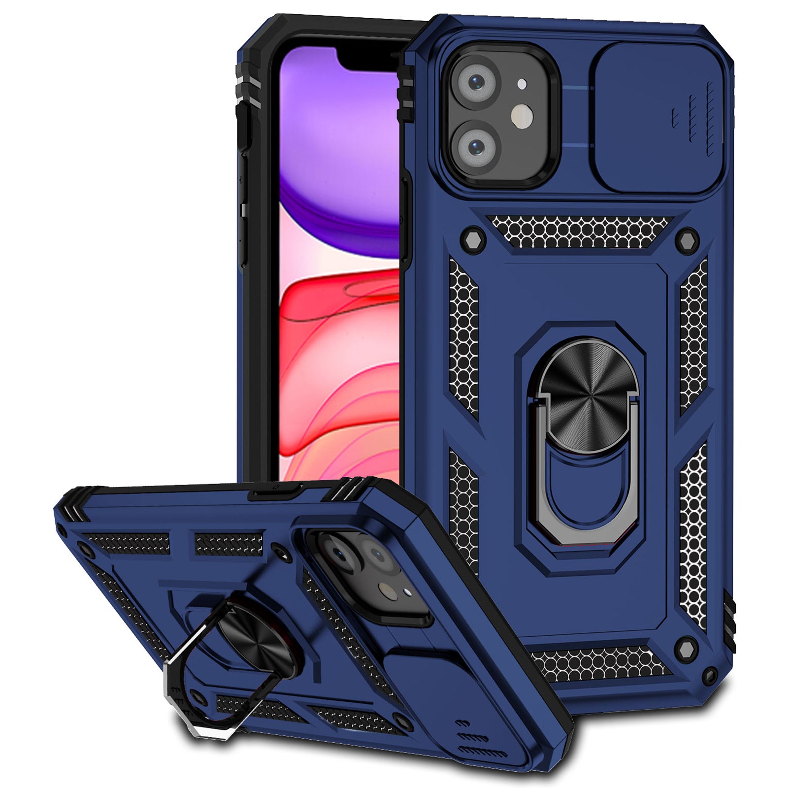 For iPhone 11 Case PC+TPU Kickstand Armour Phone Cover with Camera Slide Guard