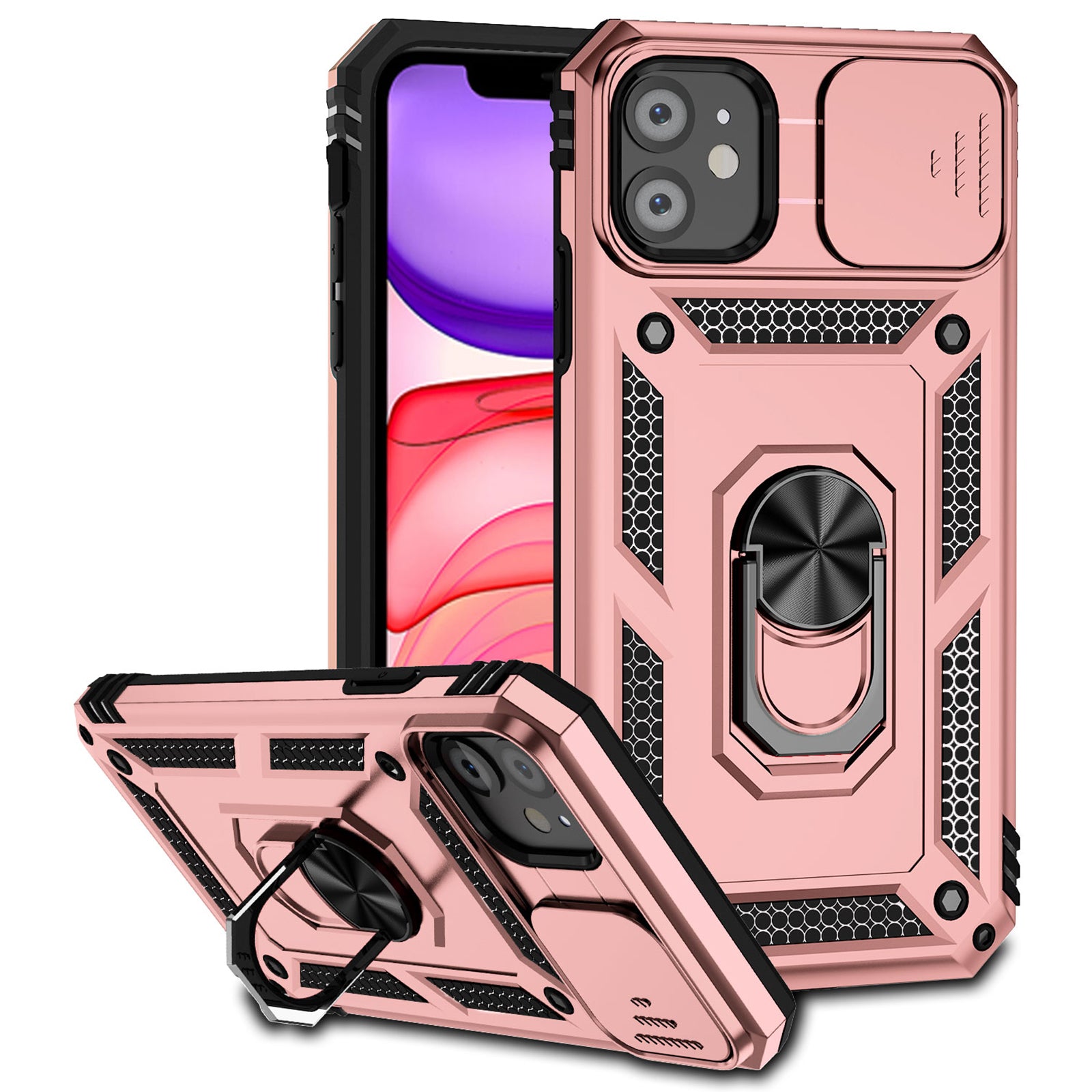 For iPhone 11 Case PC+TPU Kickstand Armour Phone Cover with Camera Slide Guard