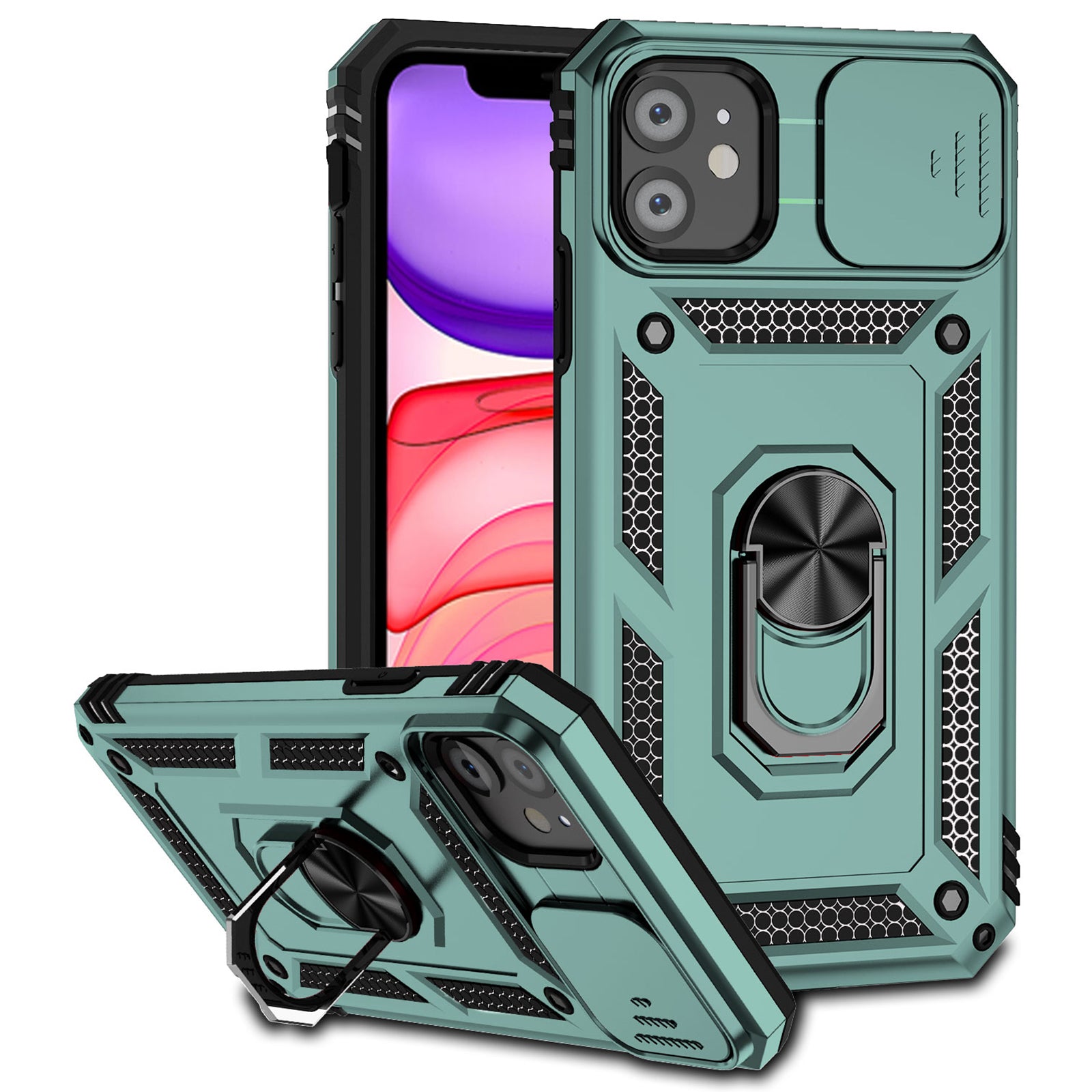 For iPhone 11 Case PC+TPU Kickstand Armour Phone Cover with Camera Slide Guard