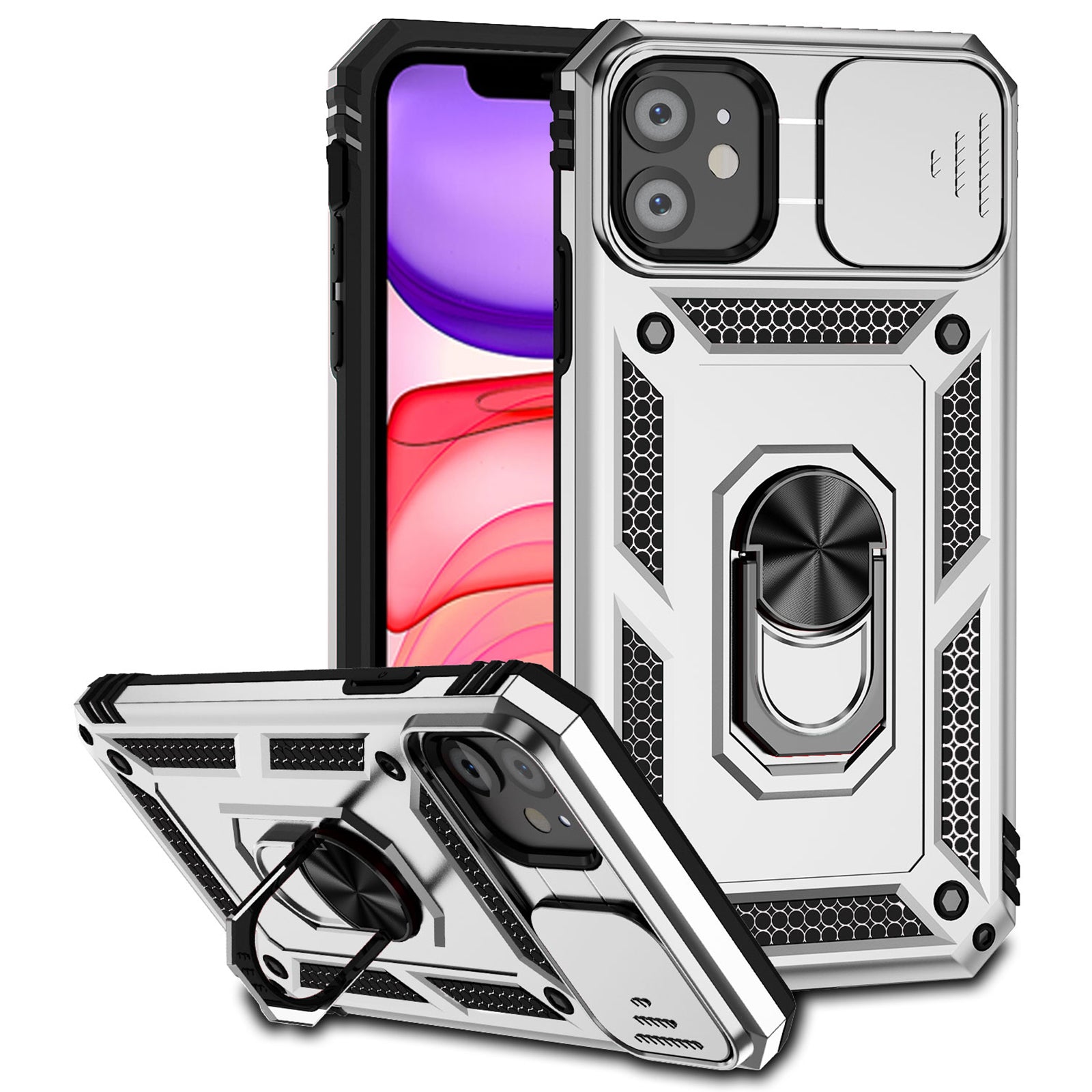 For iPhone 11 Case PC+TPU Kickstand Armour Phone Cover with Camera Slide Guard