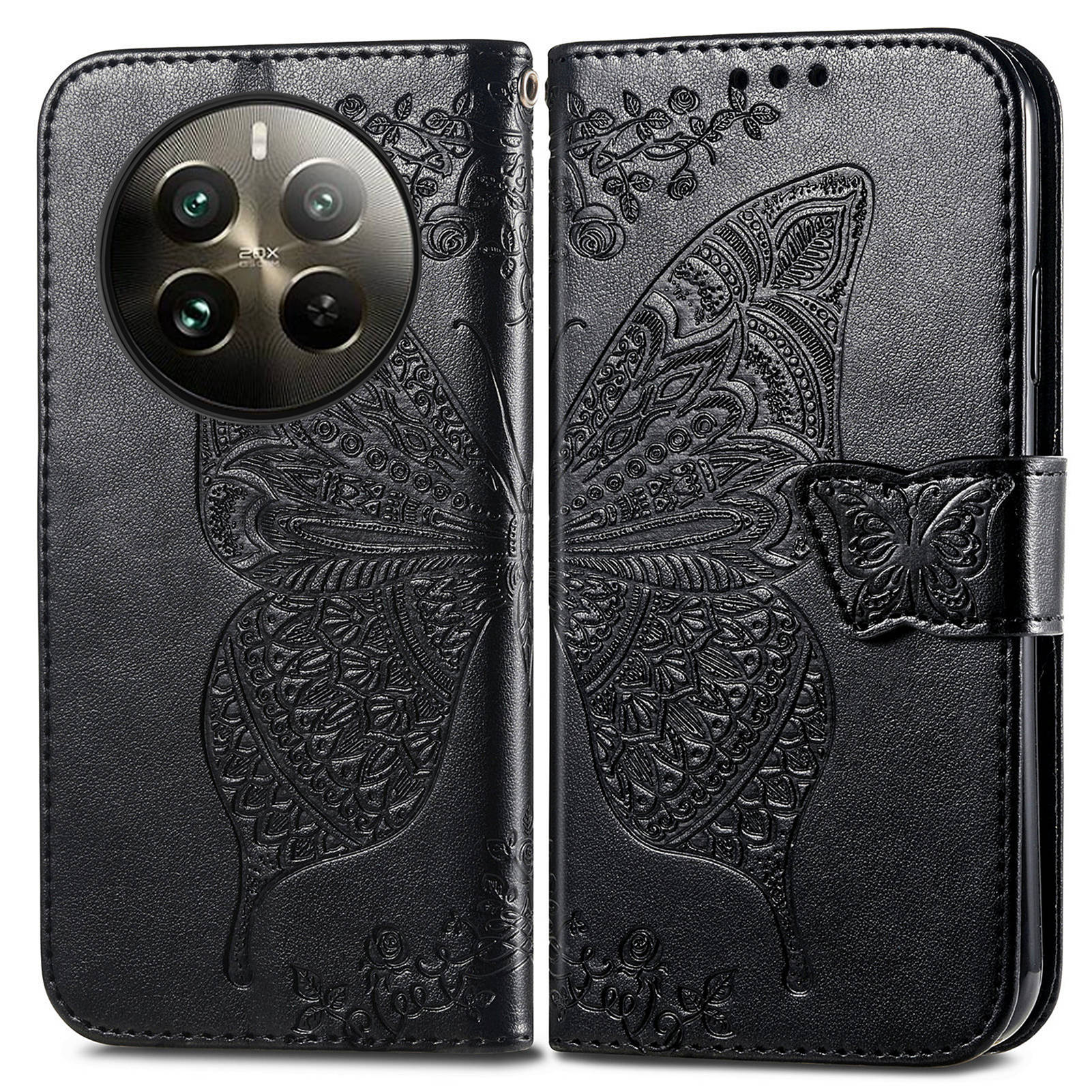For Realme 12+ 5G Case Butterfly Imprinted PU Leather Flip Phone Cover