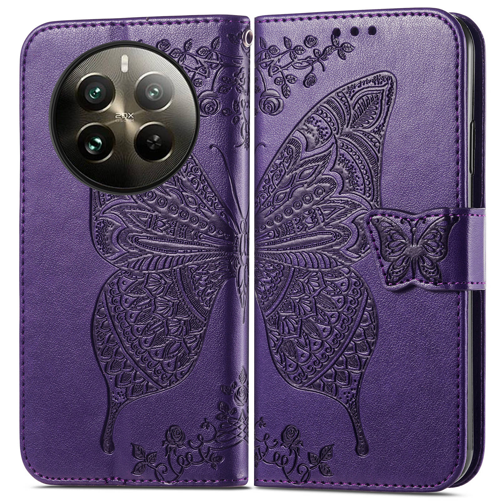 For Realme 12 Pro 5G / 12 Pro+ 5G Leather Case Imprinted Butterfly Phone Cover with Handy Strap