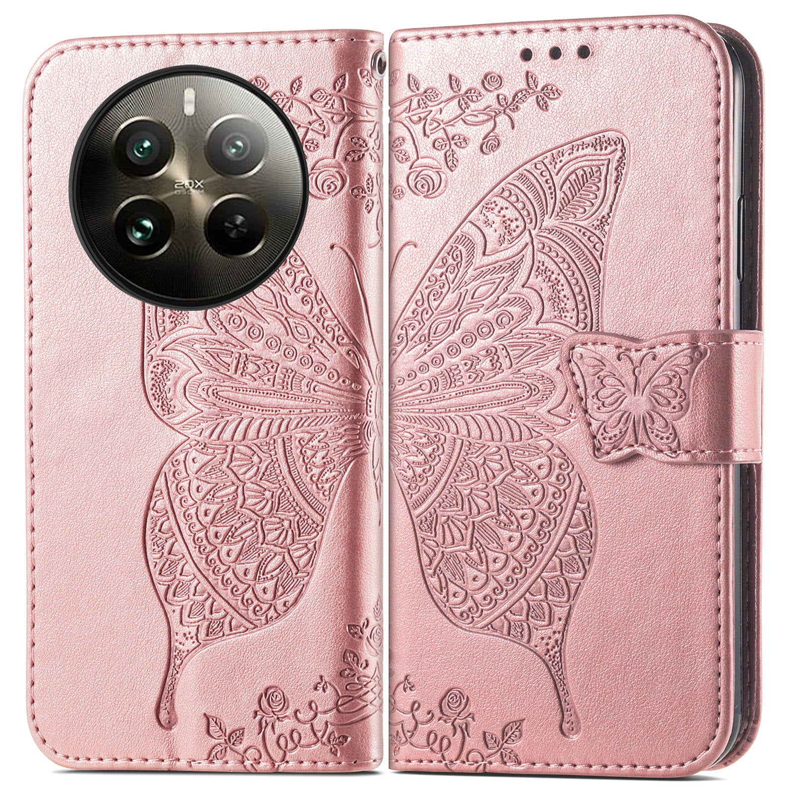 For Realme 12 Pro 5G / 12 Pro+ 5G Leather Case Imprinted Butterfly Phone Cover with Handy Strap