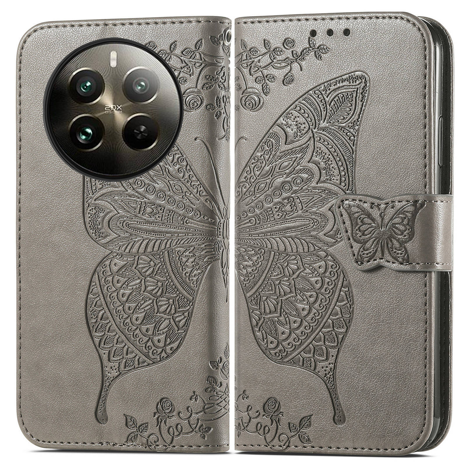 For Realme 12 Pro 5G / 12 Pro+ 5G Leather Case Imprinted Butterfly Phone Cover with Handy Strap