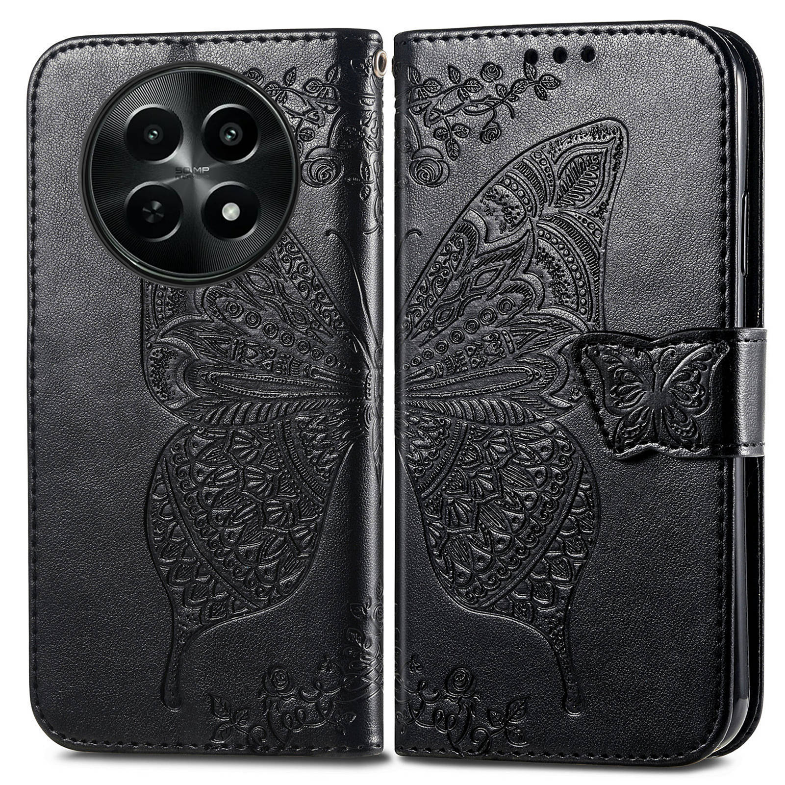 For Realme 12 Case Butterfly Imprinted PU Leather Magnetic Flip Stand Phone Cover