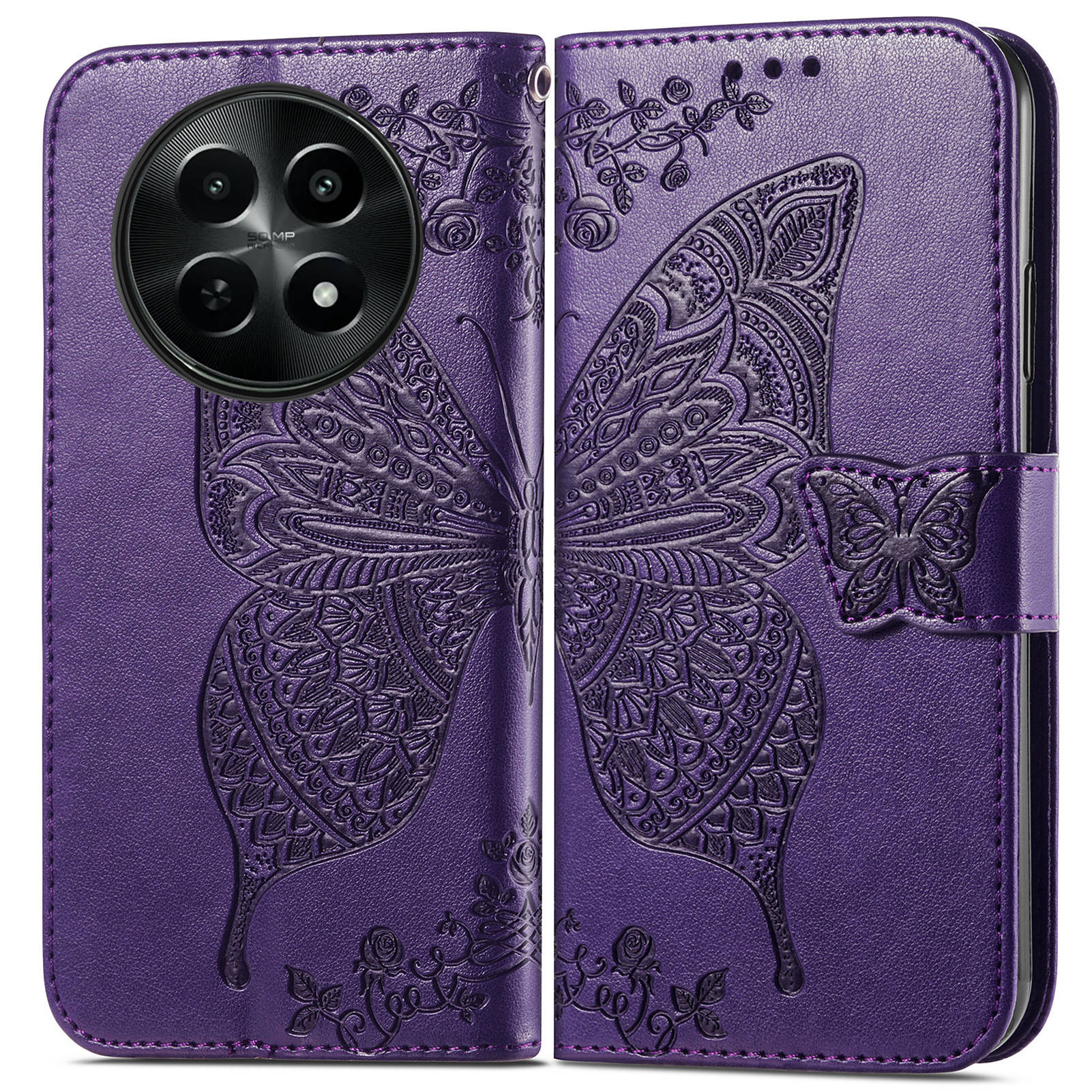For Realme 12 Case Butterfly Imprinted PU Leather Magnetic Flip Stand Phone Cover