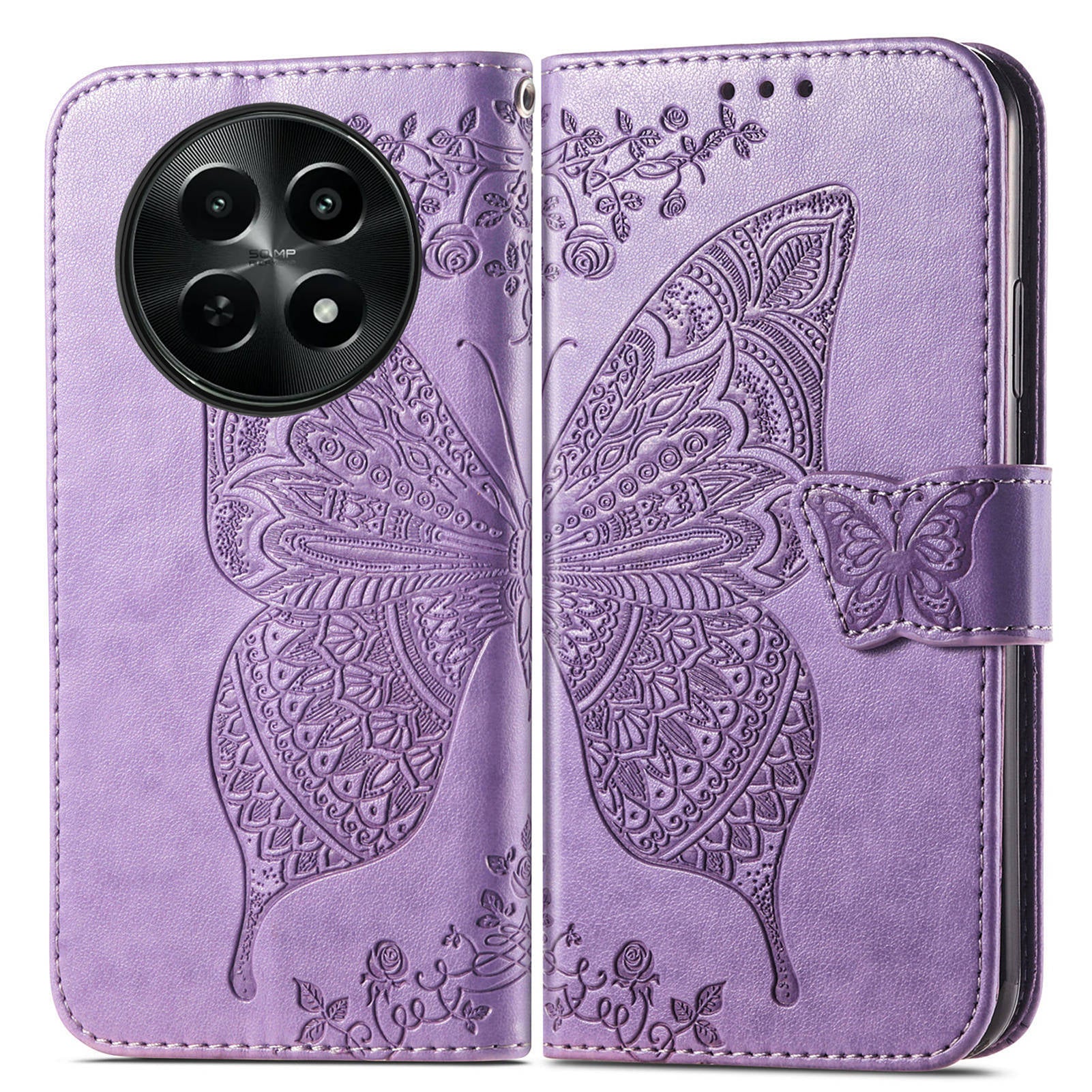 For Realme 12 Case Butterfly Imprinted PU Leather Magnetic Flip Stand Phone Cover