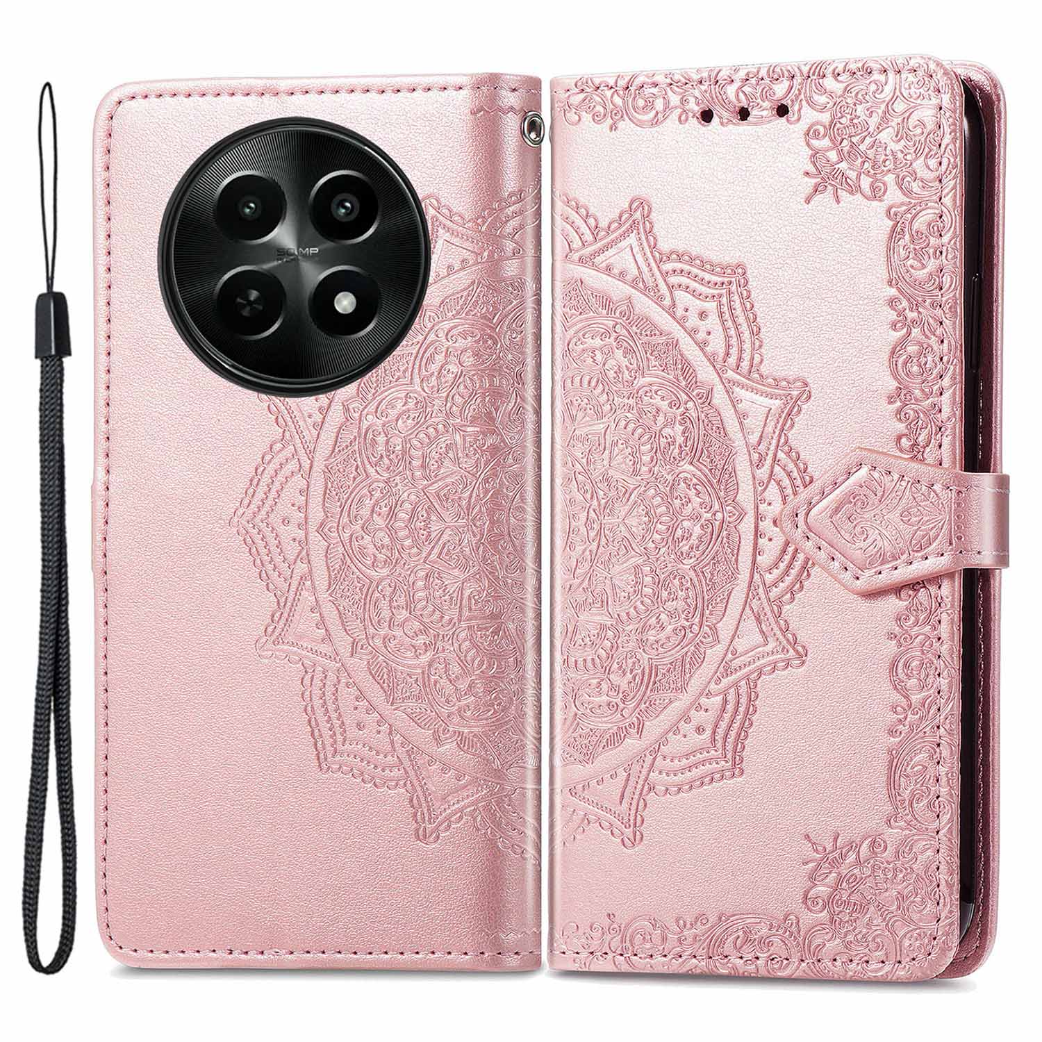 For Realme 12 Case PU Leather Wallet Phone Cover Emboss Mandala Flower
