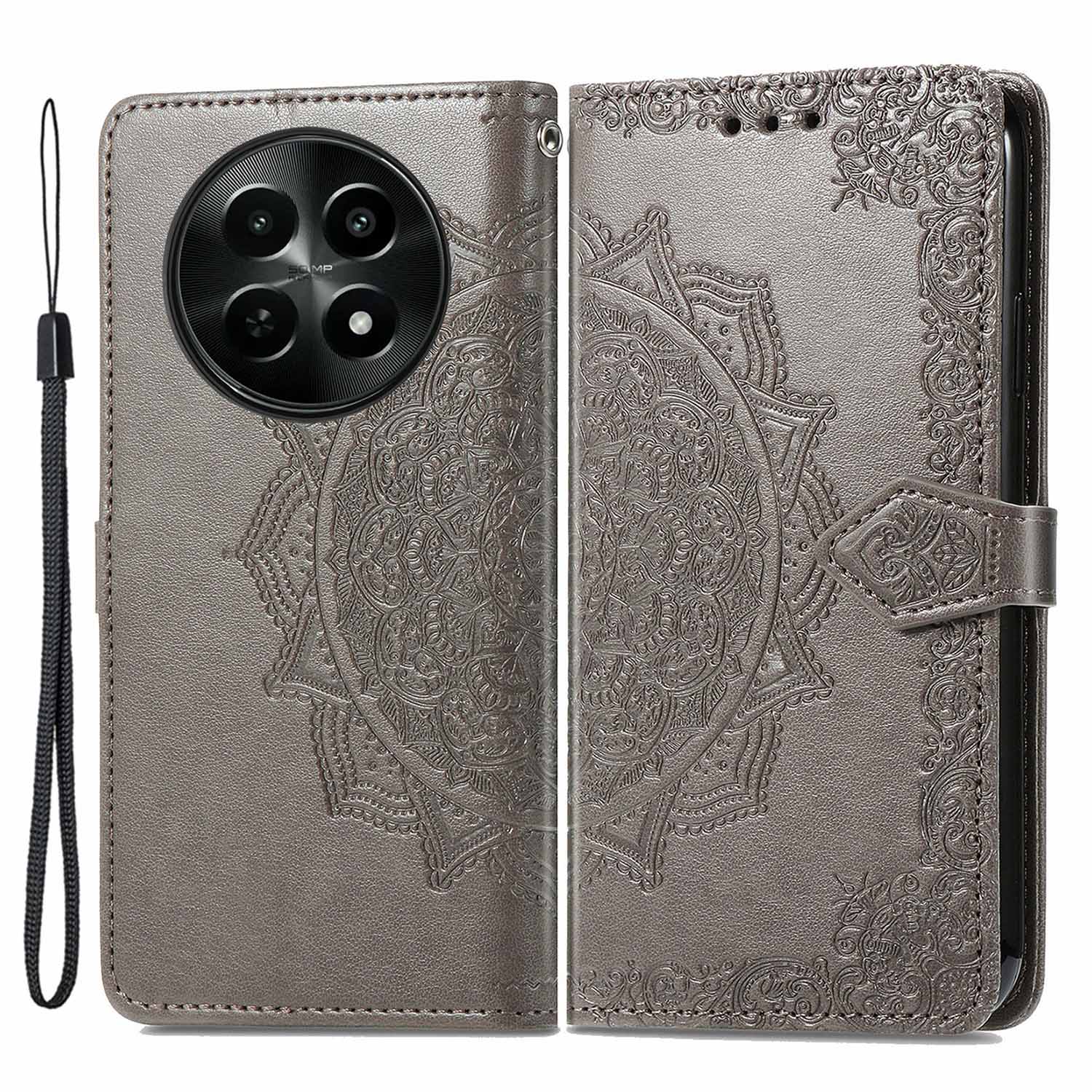 For Realme 12 Case PU Leather Wallet Phone Cover Emboss Mandala Flower
