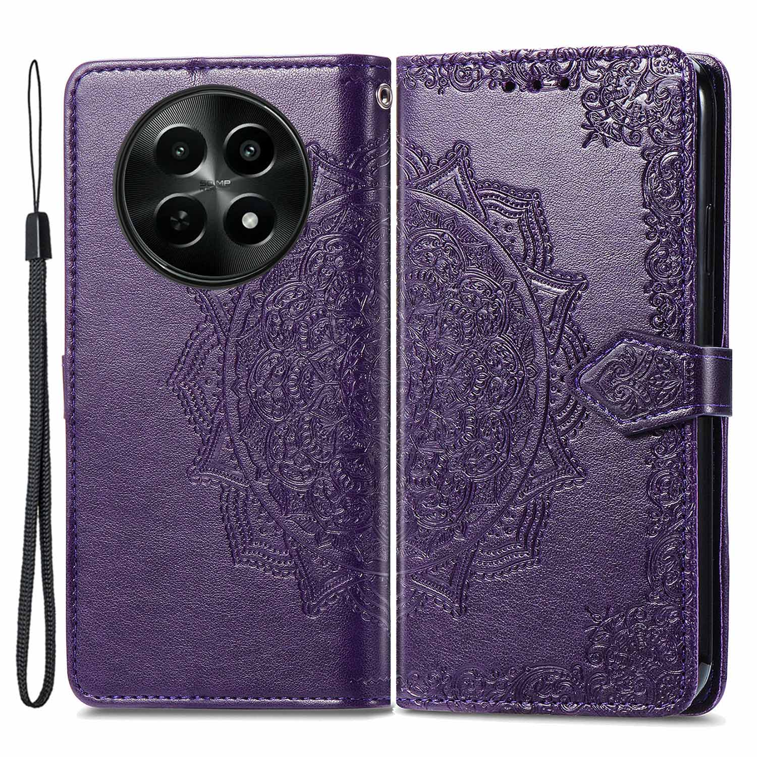 For Realme 12 Case PU Leather Wallet Phone Cover Emboss Mandala Flower