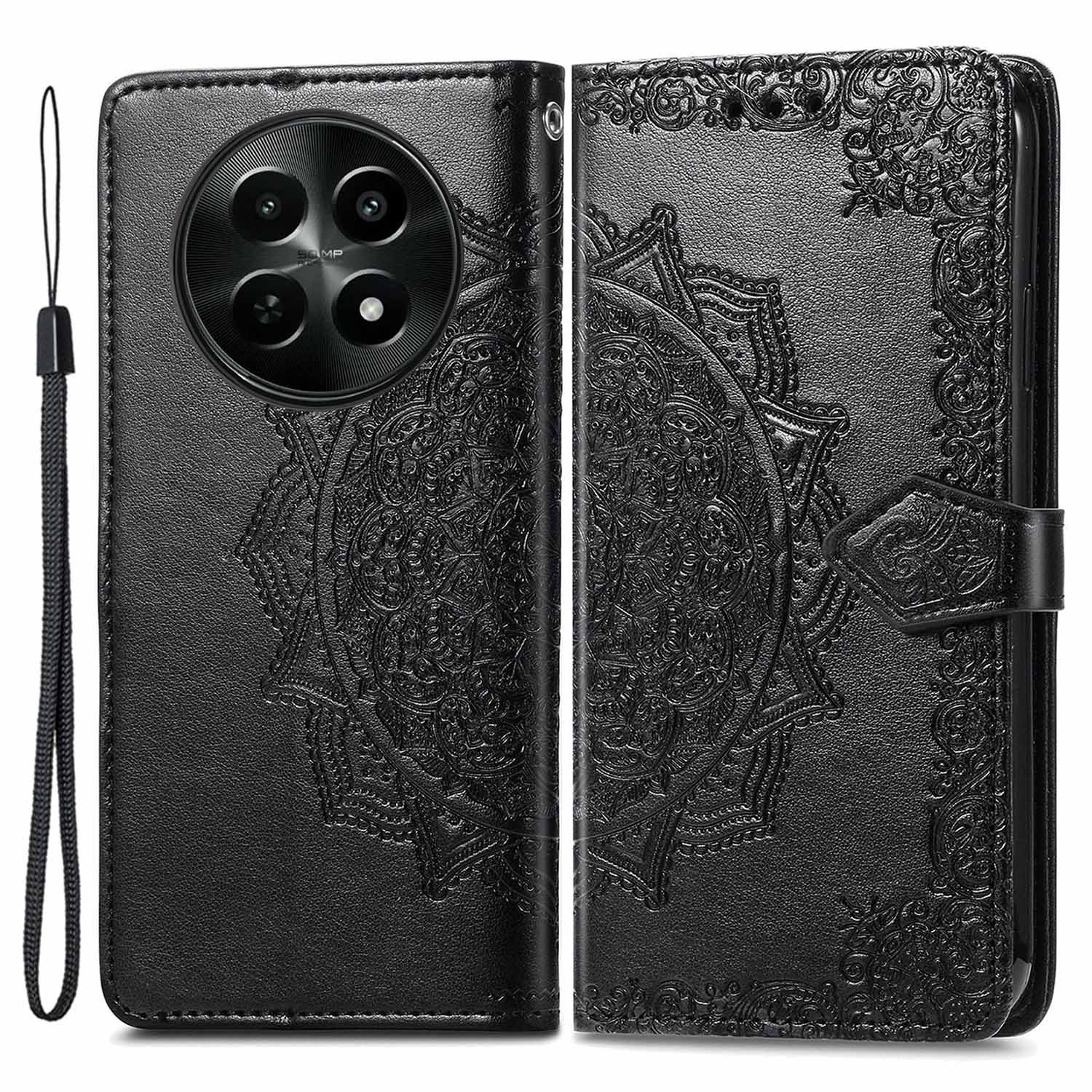 For Realme 12 Case PU Leather Wallet Phone Cover Emboss Mandala Flower