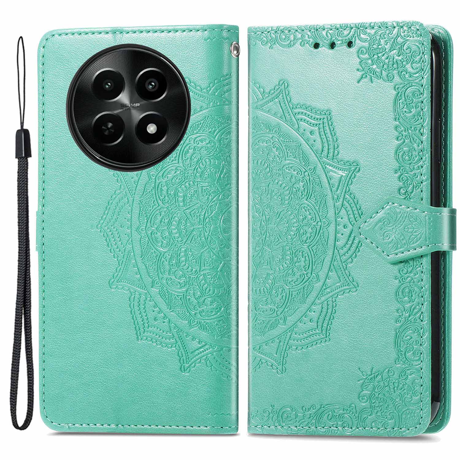For Realme 12 Case PU Leather Wallet Phone Cover Emboss Mandala Flower