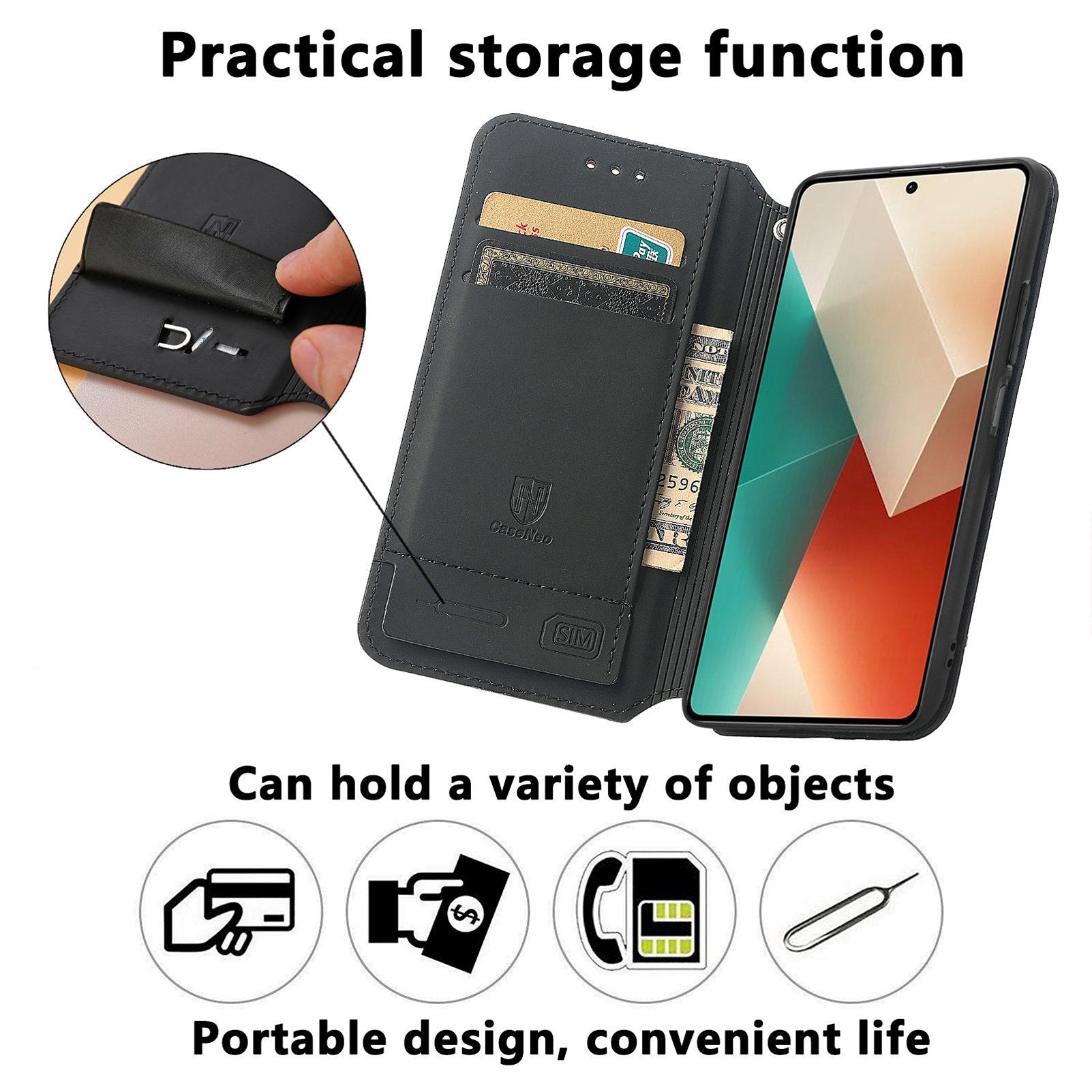 CASENEO 001 Series for Xiaomi Redmi Note 13 4G Case Wallet RFID Blocking Pattern Leather Phone Cover