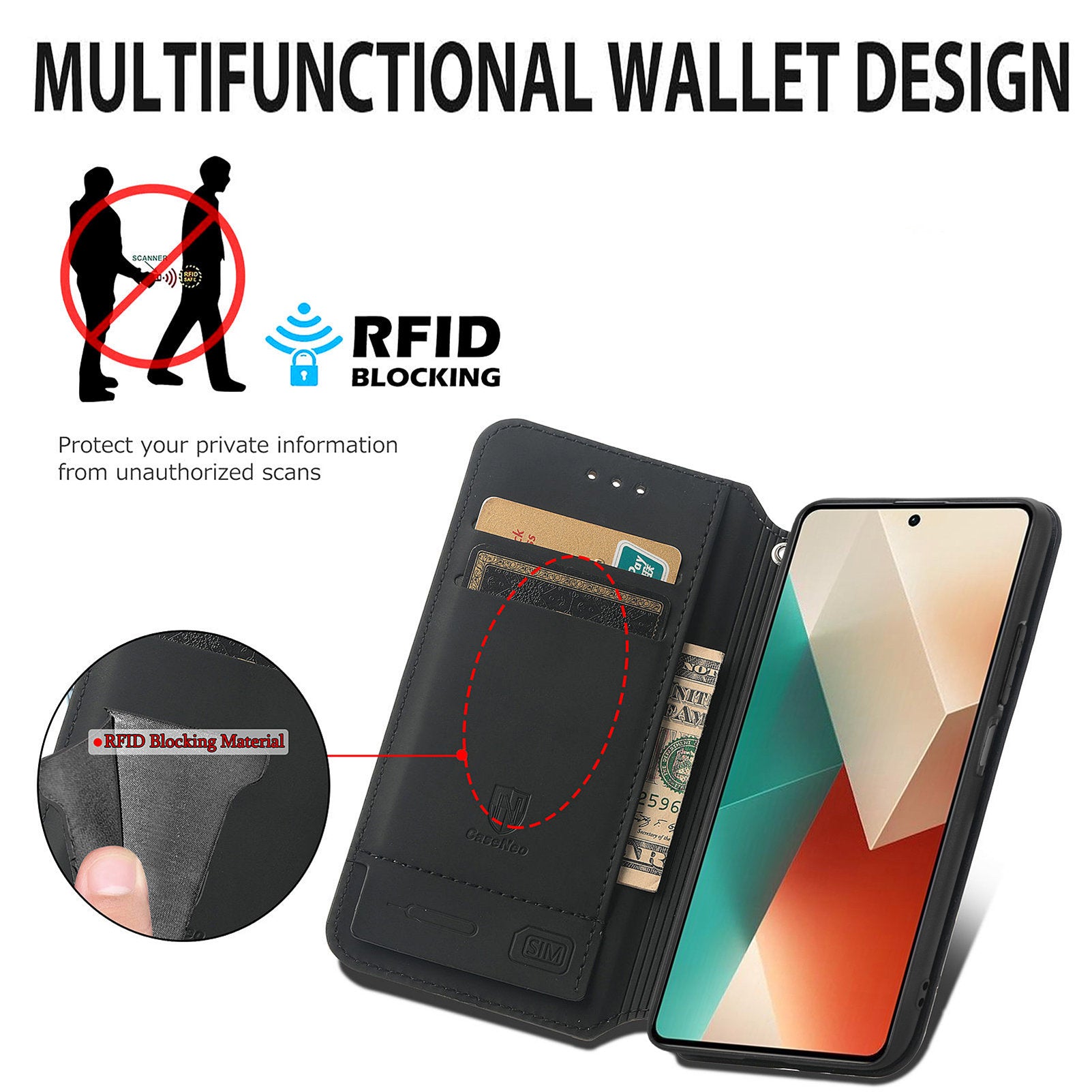CASENEO 001 Series for Xiaomi Redmi Note 13 4G Case Wallet RFID Blocking Pattern Leather Phone Cover