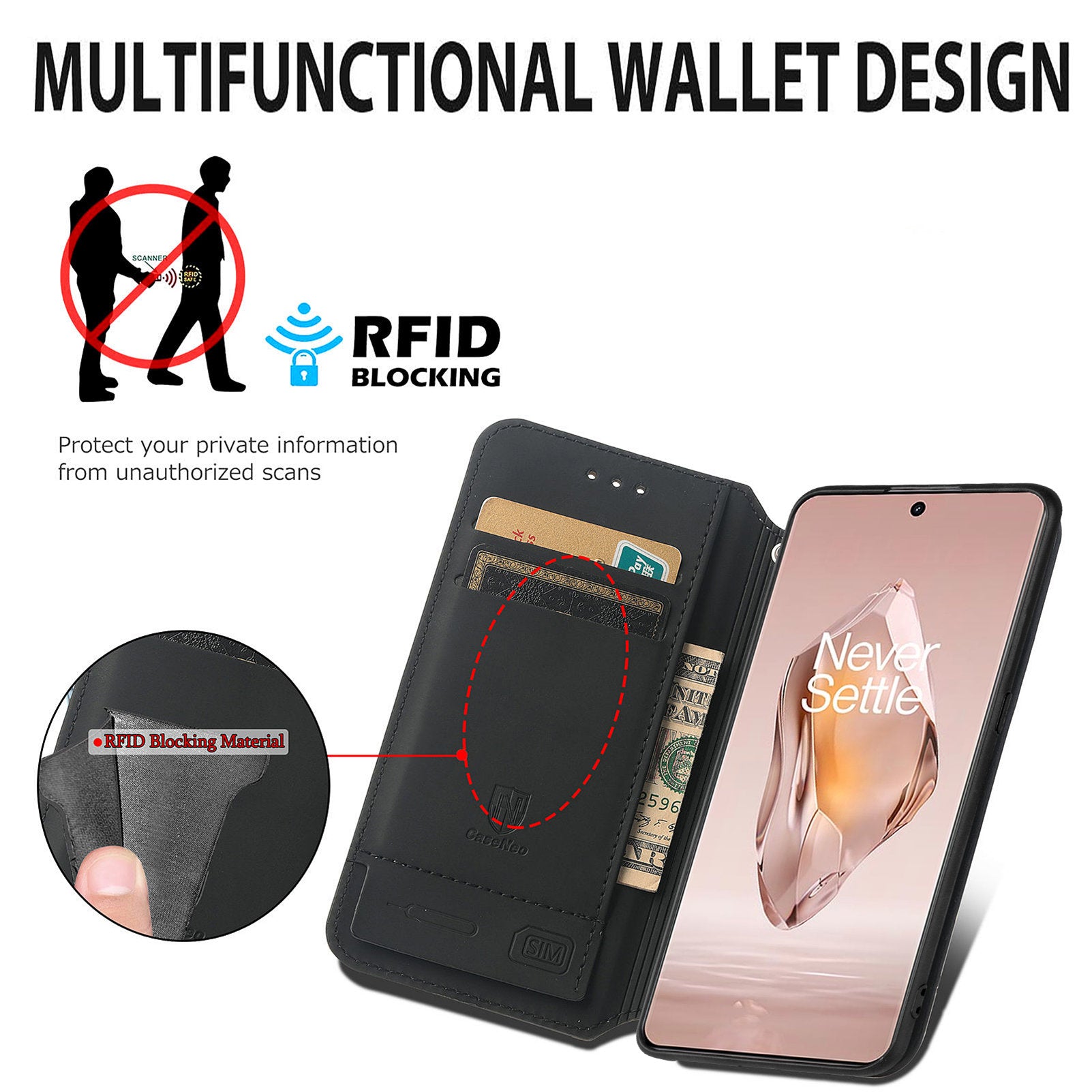 CASENEO 001 Series for OnePlus Ace 3 5G / 12R 5G Case RFID Blocking Pattern Leather Wallet Phone Cover