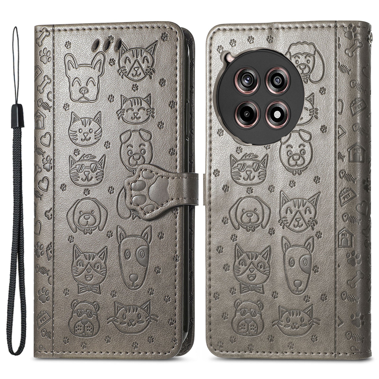 For OnePlus Ace 3 5G / 12R 5G Case PU Leather Cat Dog Pattern Magnetic Flip Phone Cover
