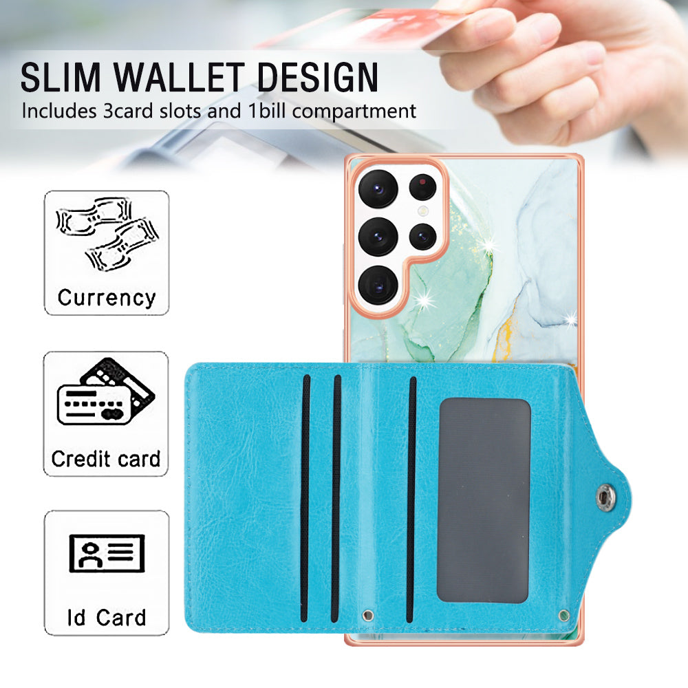 YB Leather Coating Series-9 for Samsung Galaxy S22 Ultra 5G Phone Case Card Holder Kickstand IMD Cover
