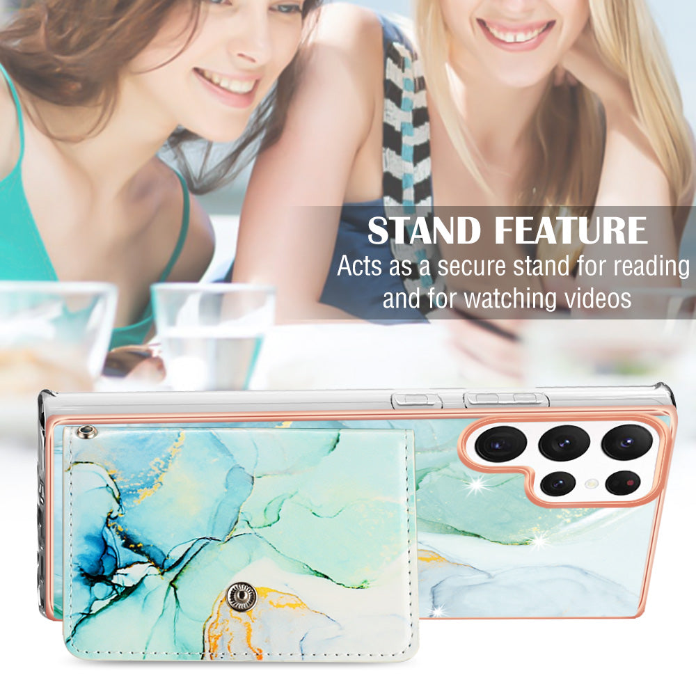 YB Leather Coating Series-9 for Samsung Galaxy S22 Ultra 5G Phone Case Card Holder Kickstand IMD Cover