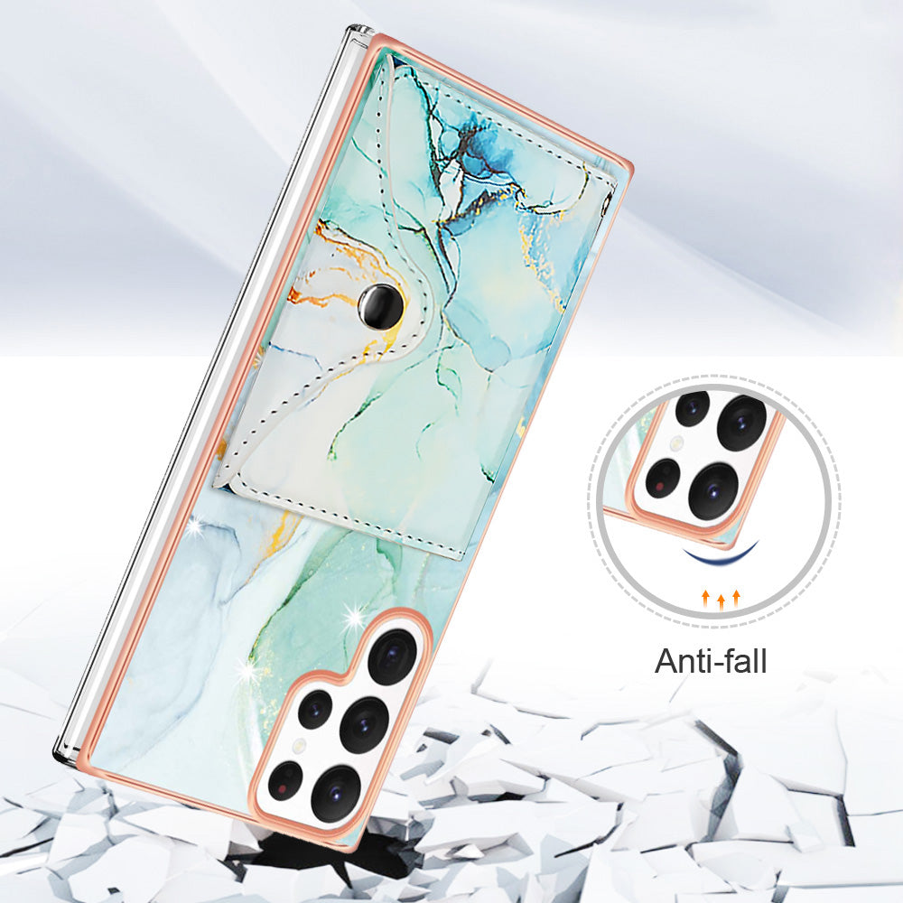 YB Leather Coating Series-9 for Samsung Galaxy S22 Ultra 5G Phone Case Card Holder Kickstand IMD Cover