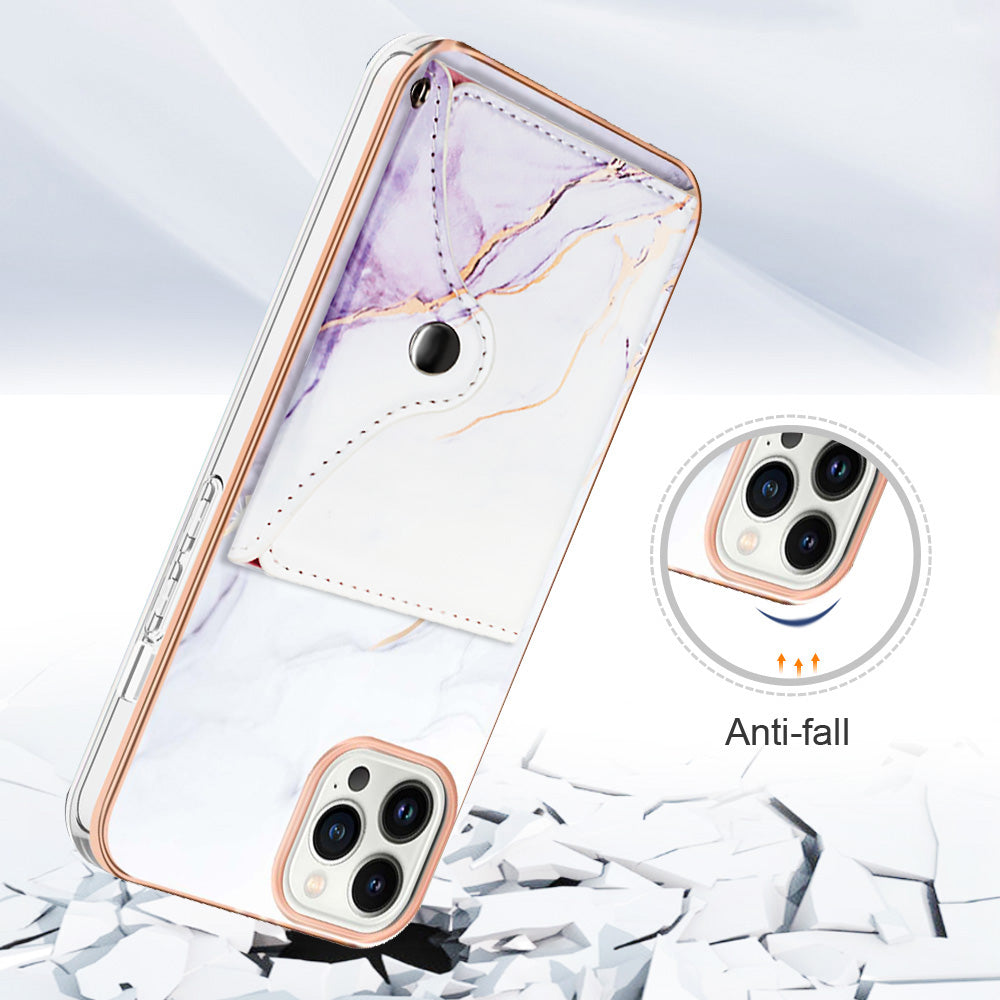 YB Leather Coating Series-9 for iPhone 14 Pro Max Case IMD Pattern Card Holder Leather+TPU Cover