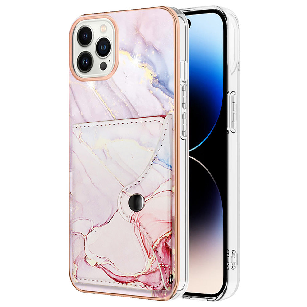 YB Leather Coating Series-9 for iPhone 14 Pro Max Case IMD Pattern Card Holder Leather+TPU Cover