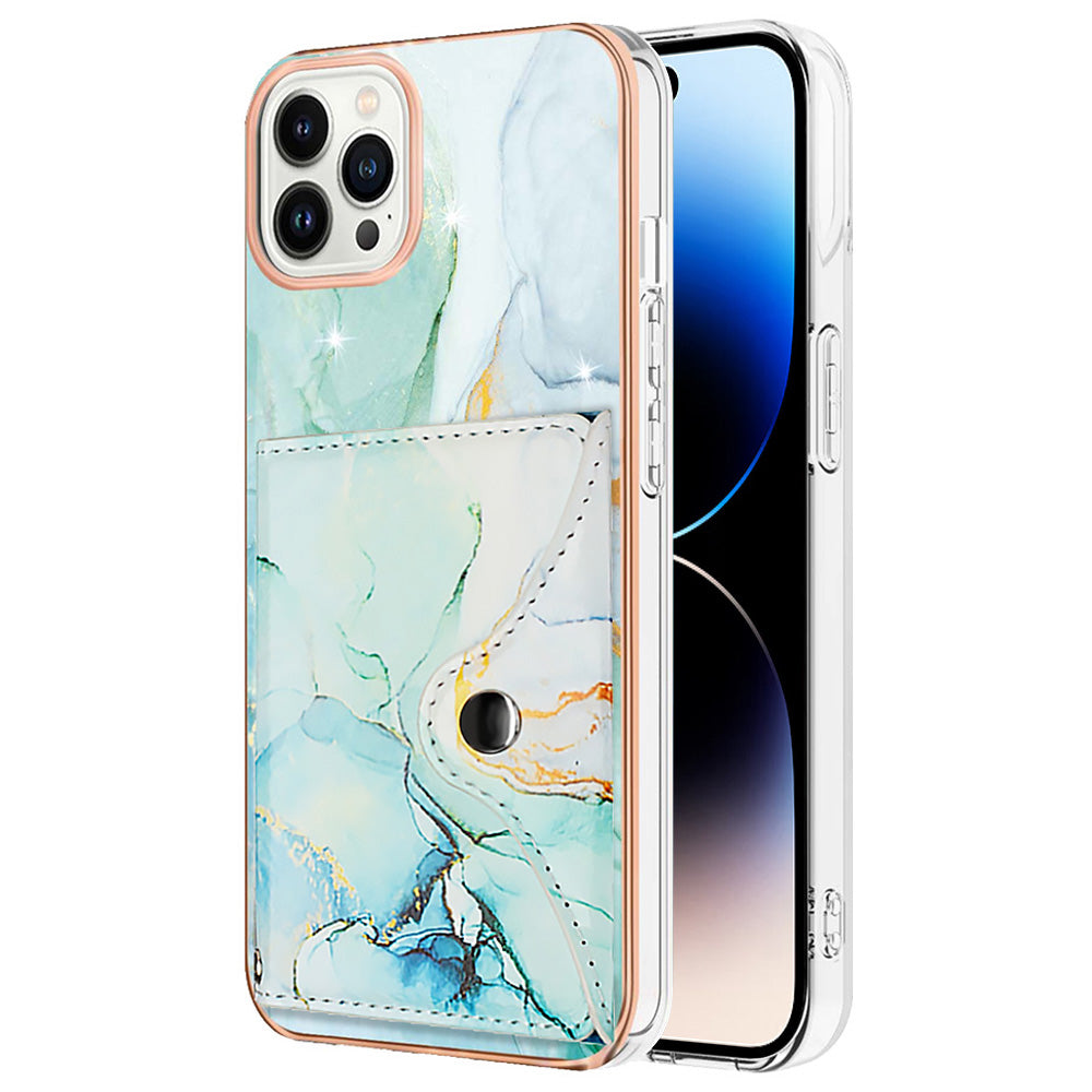 YB Leather Coating Series-9 for iPhone 14 Pro Max Case IMD Pattern Card Holder Leather+TPU Cover
