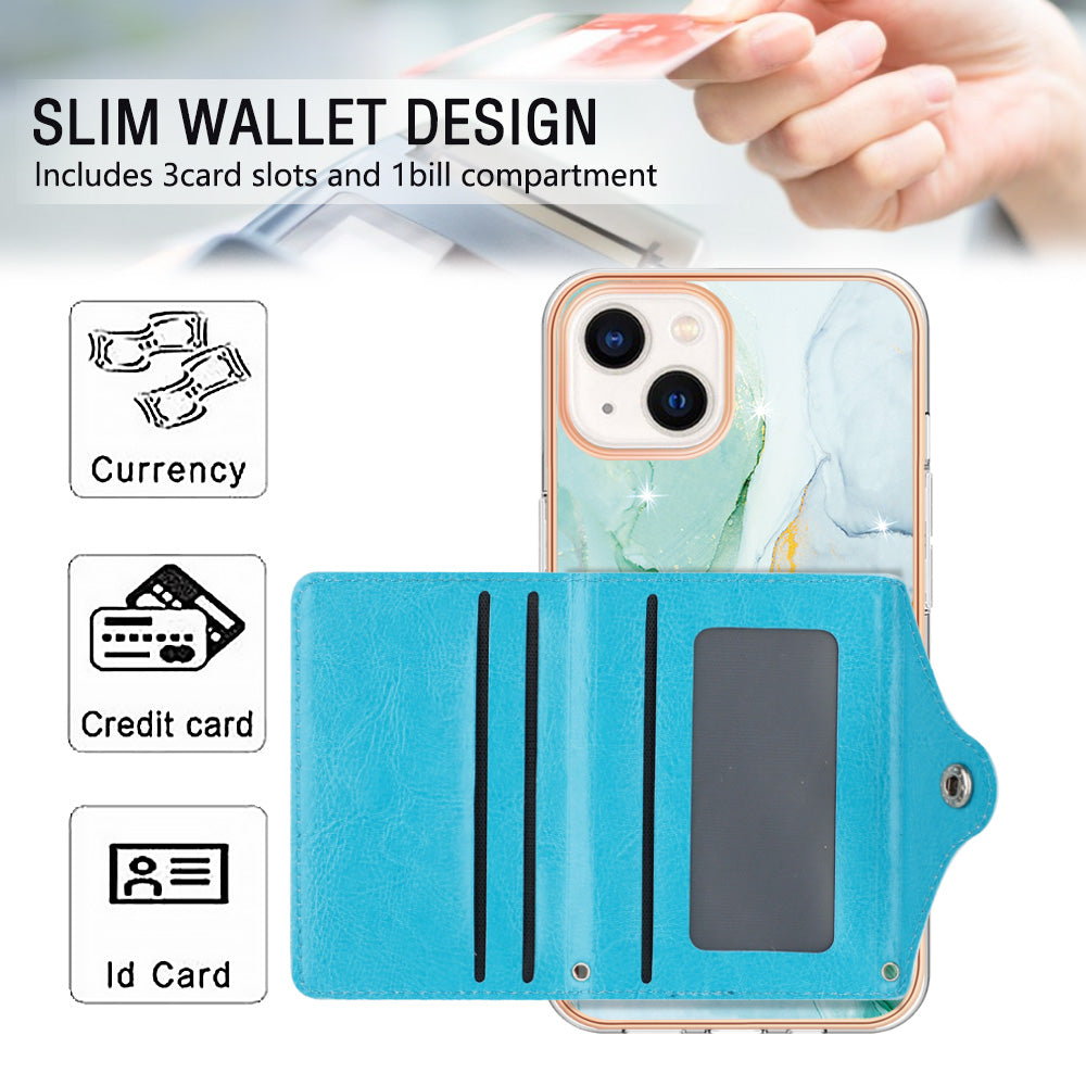YB Leather Coating Series-9 for iPhone 14 Plus IMD Case Card Slot PU+TPU Phone Shell with Kickstand