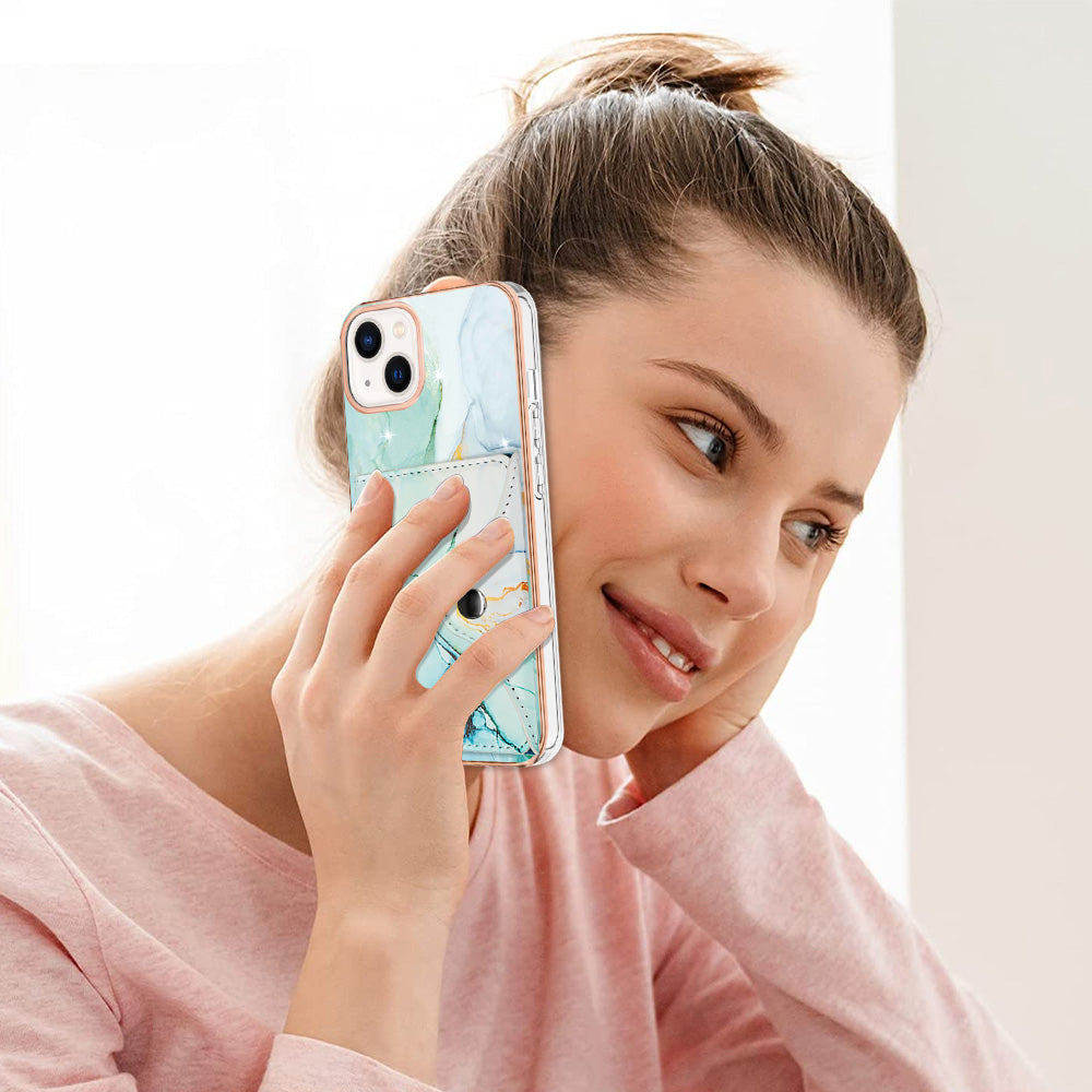 YB Leather Coating Series-9 for iPhone 14 Plus IMD Case Card Slot PU+TPU Phone Shell with Kickstand