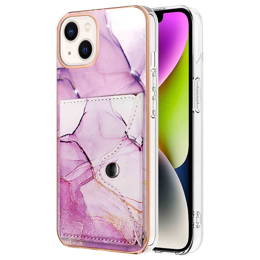 YB Leather Coating Series-9 for iPhone 14 Plus IMD Case Card Slot PU+TPU Phone Shell with Kickstand