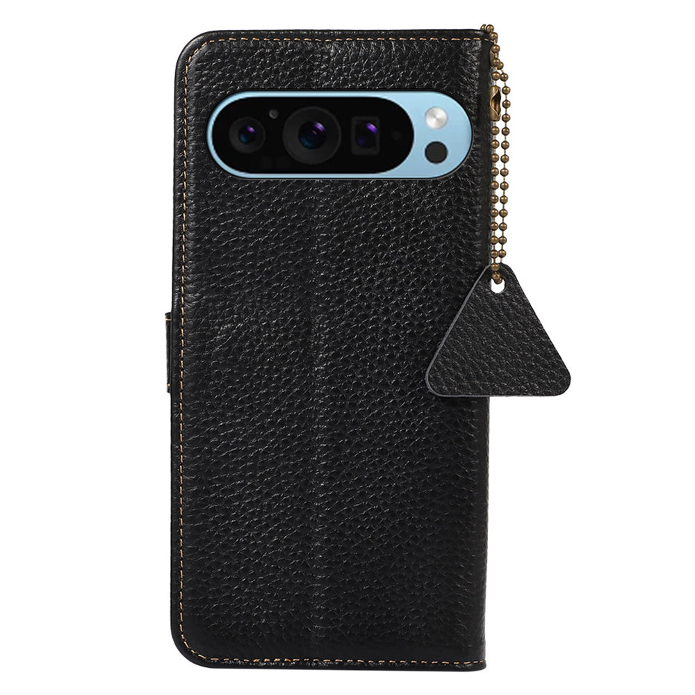 For Google Pixel 9 Wallet Case Genuine Cow Leather RFID Blocking Phone Cover Litchi Texture