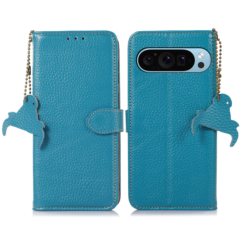 For Google Pixel 9 Wallet Case Genuine Cow Leather RFID Blocking Phone Cover Litchi Texture