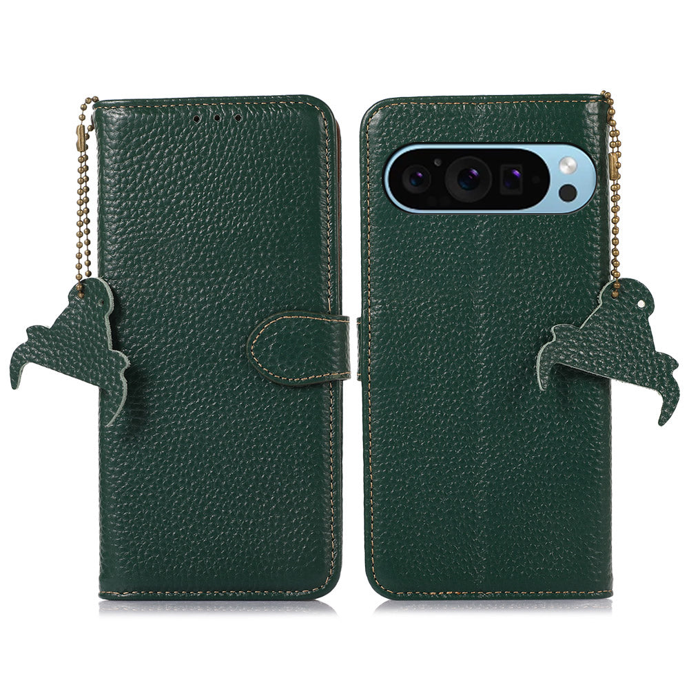 For Google Pixel 9 Wallet Case Genuine Cow Leather RFID Blocking Phone Cover Litchi Texture