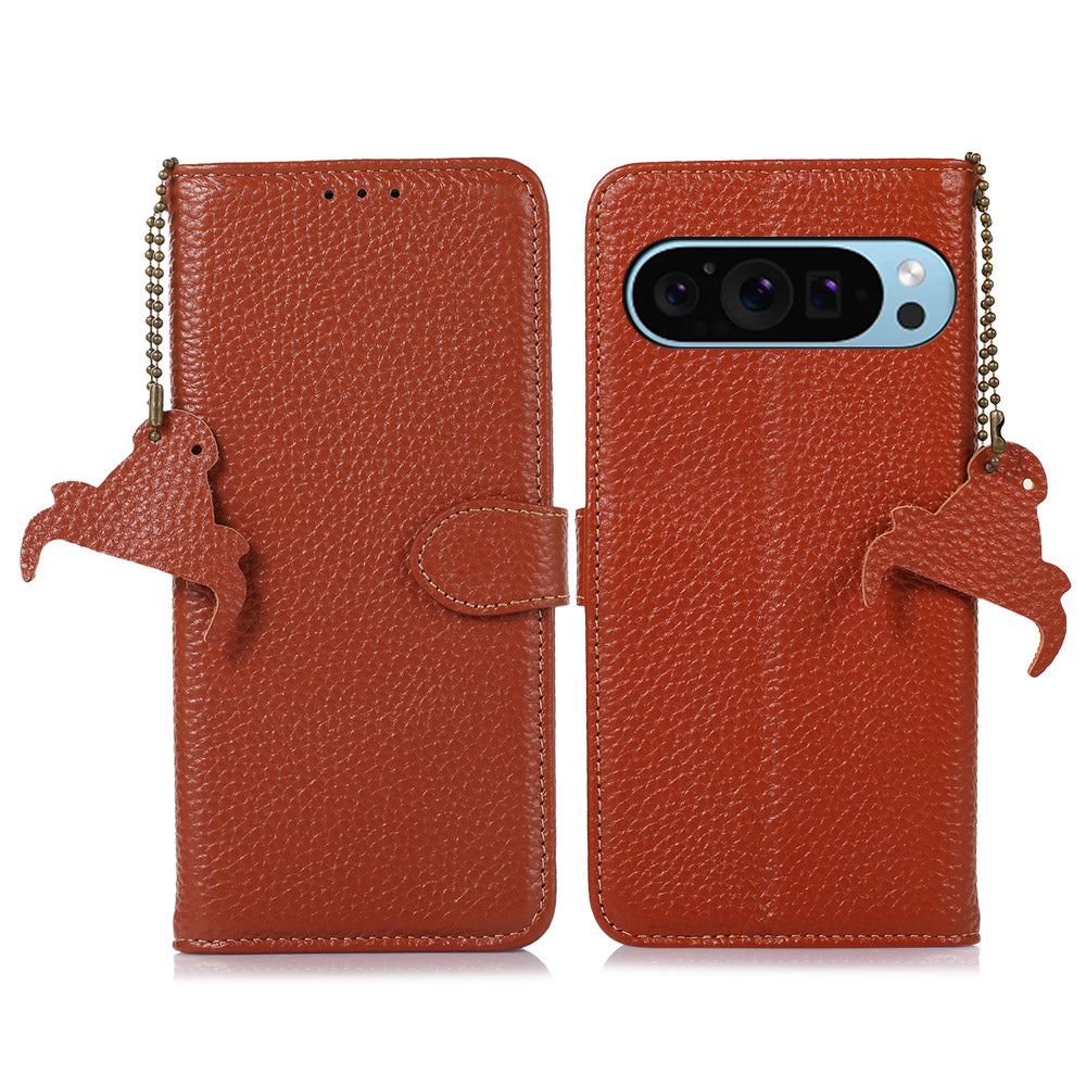 For Google Pixel 9 Wallet Case Genuine Cow Leather RFID Blocking Phone Cover Litchi Texture