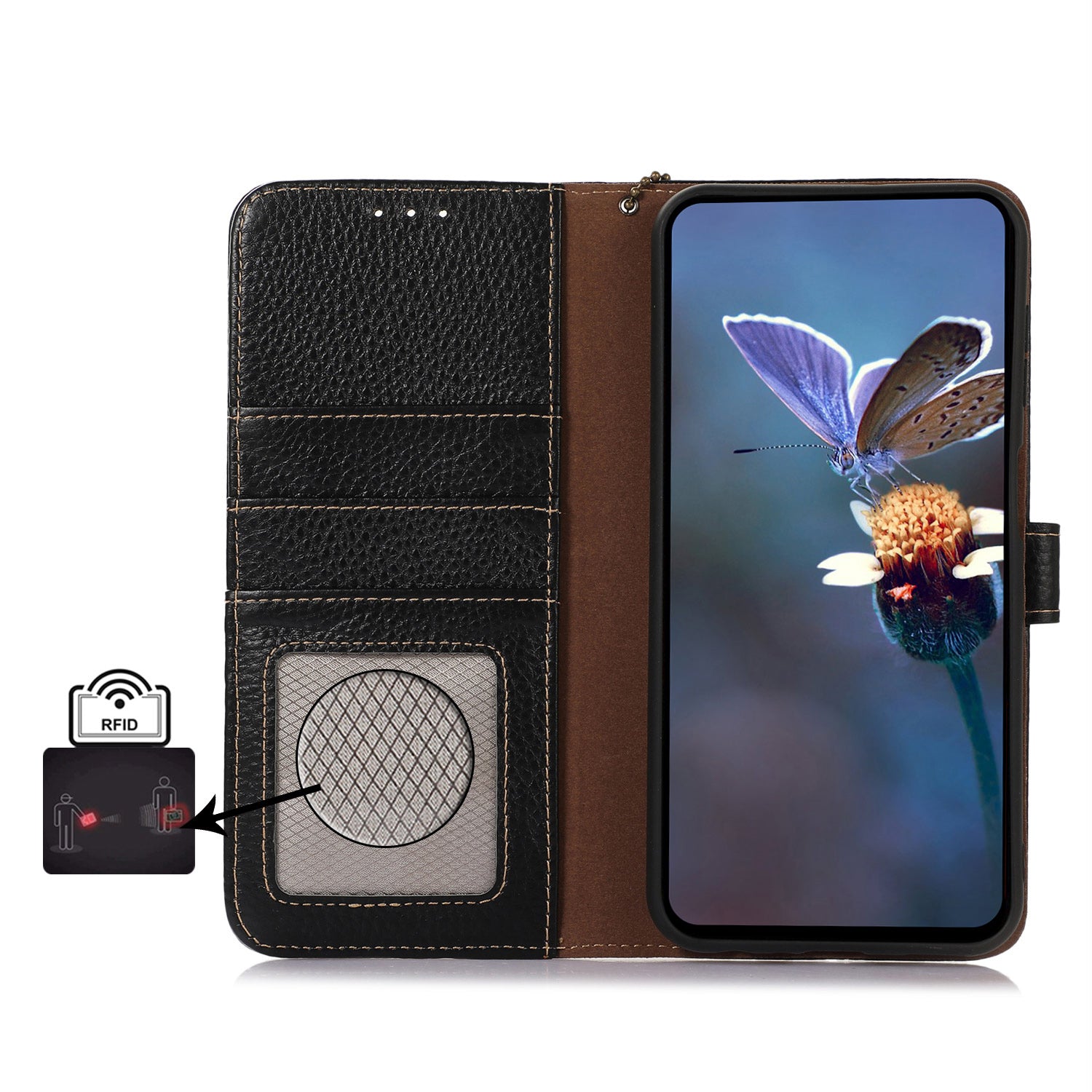 For Google Pixel 9 Pro Wallet Case Genuine Cow Leather RFID Blocking Phone Cover Litchi Texture