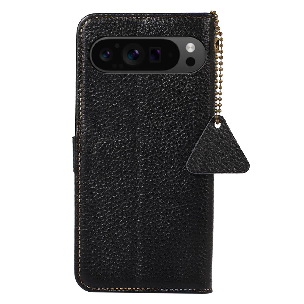 For Google Pixel 9 Pro Wallet Case Genuine Cow Leather RFID Blocking Phone Cover Litchi Texture