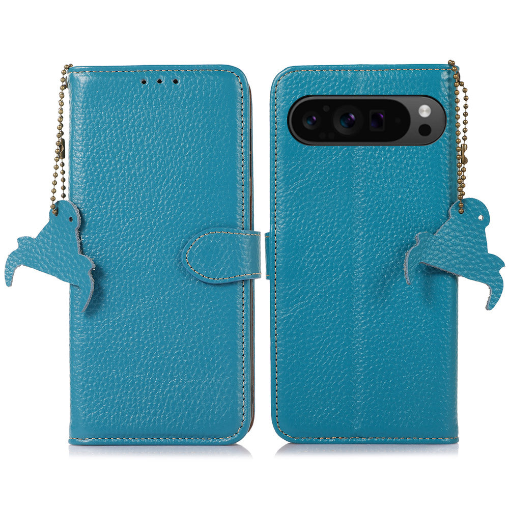 For Google Pixel 9 Pro Wallet Case Genuine Cow Leather RFID Blocking Phone Cover Litchi Texture