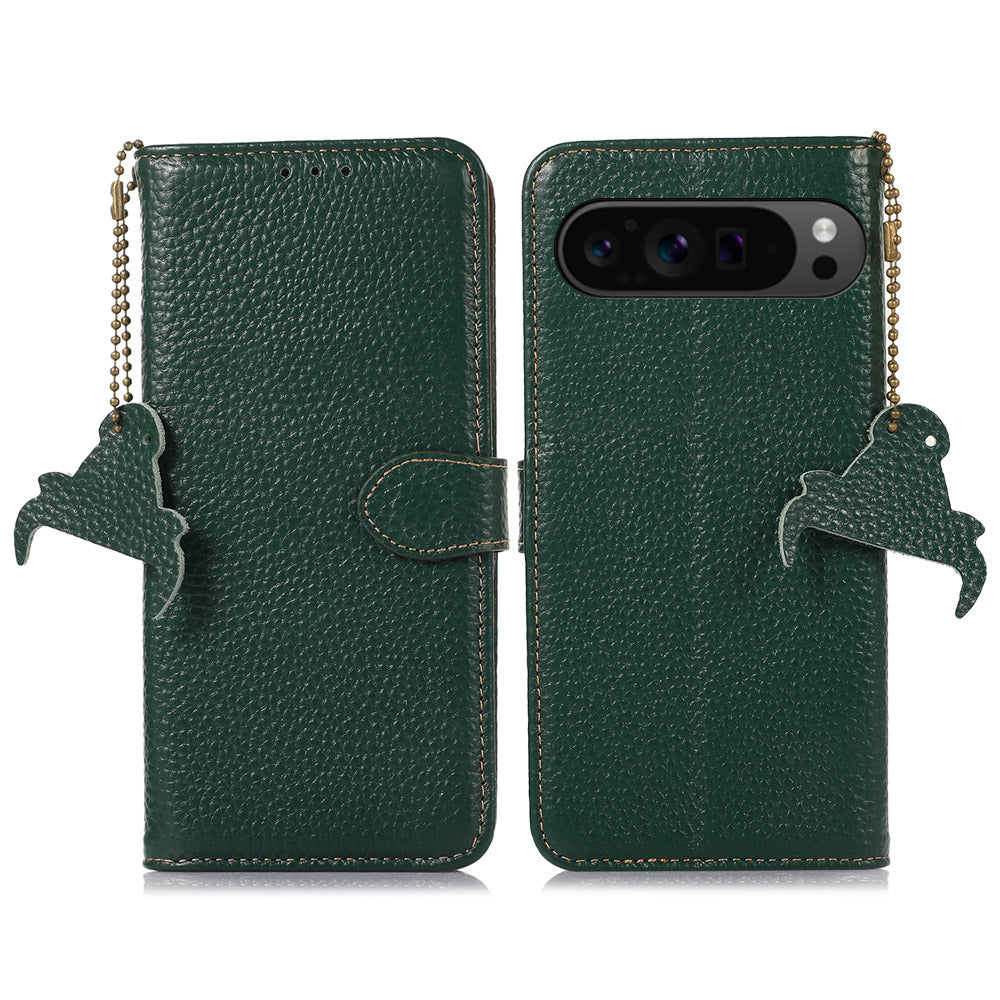For Google Pixel 9 Pro Wallet Case Genuine Cow Leather RFID Blocking Phone Cover Litchi Texture
