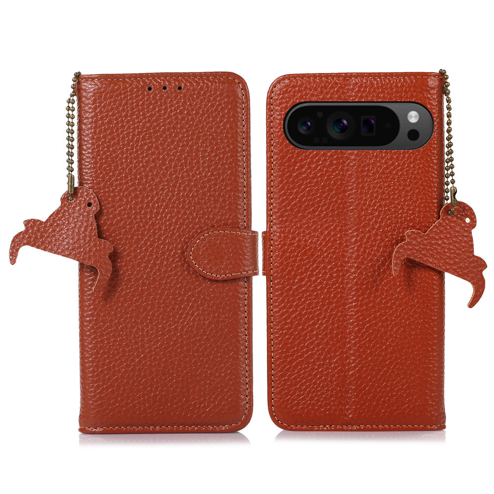 For Google Pixel 9 Pro Wallet Case Genuine Cow Leather RFID Blocking Phone Cover Litchi Texture