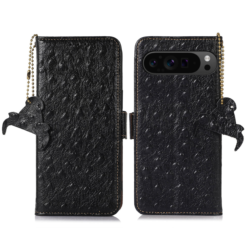 For Google Pixel 9 Pro Case Genuine Cow Leather RFID Blocking Phone Stand Cover