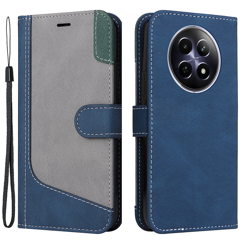 For Realme 12 Case PU Leather Three-color Splicing Folio Stand Phone Cover