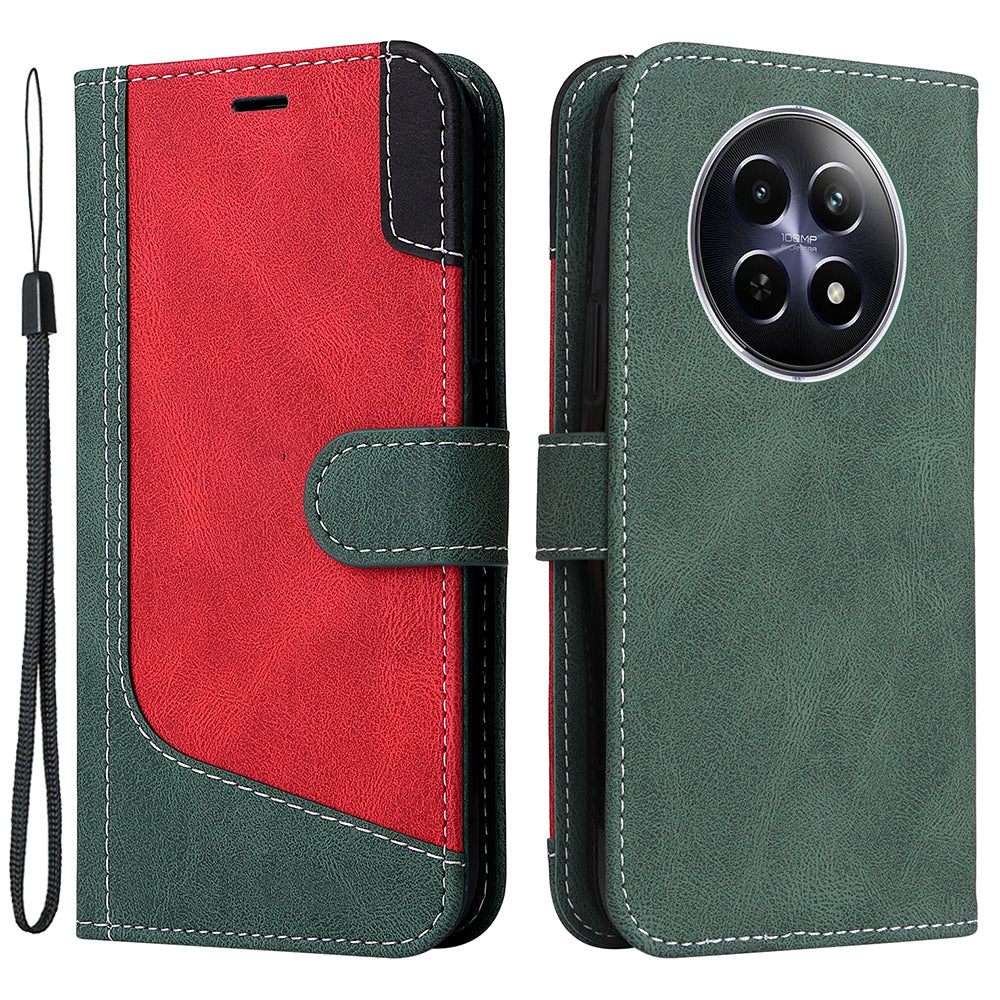 For Realme 12 Case PU Leather Three-color Splicing Folio Stand Phone Cover