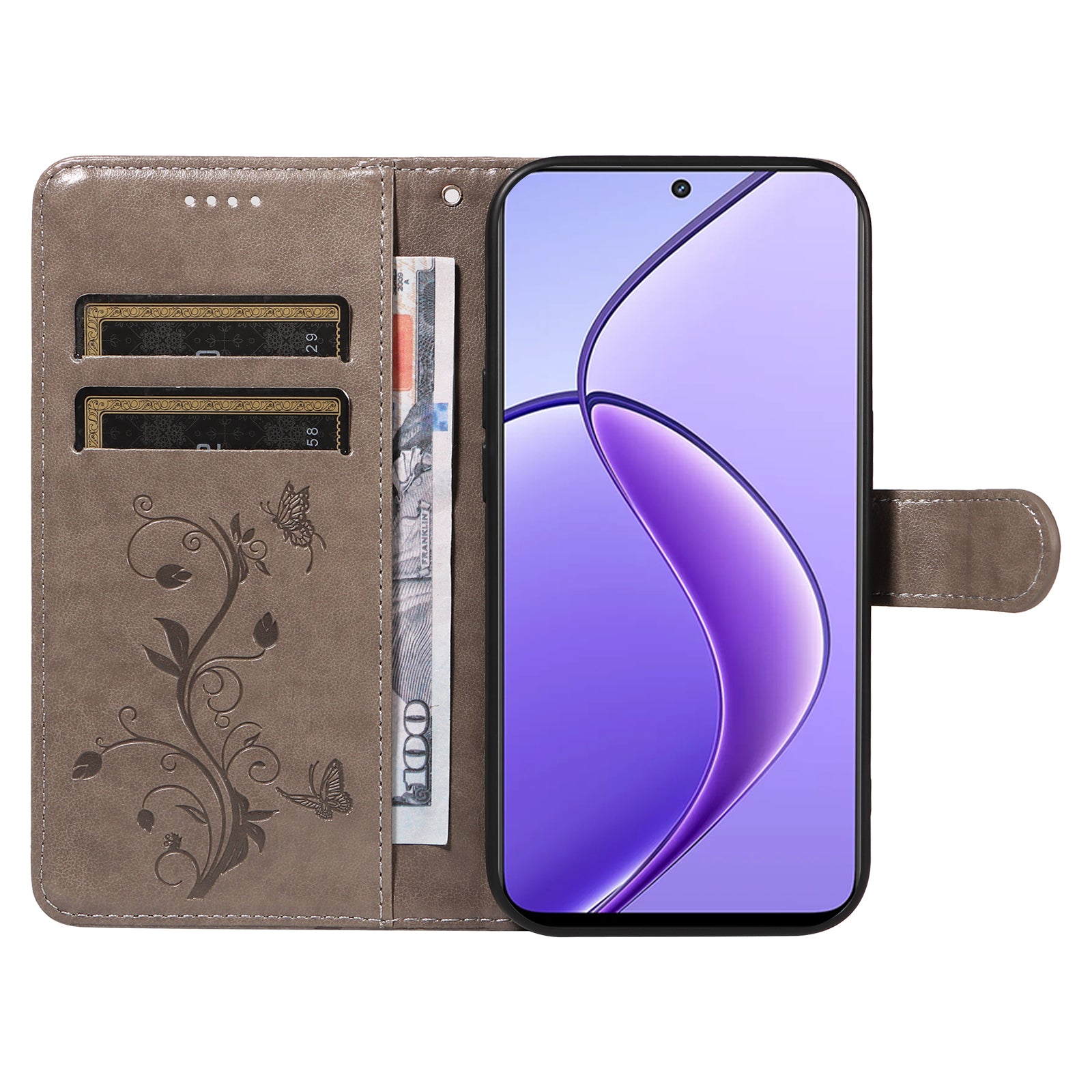 For Realme 12 Leather Case Butterfly Flower Pattern Imprinted Wallet Phone Cover