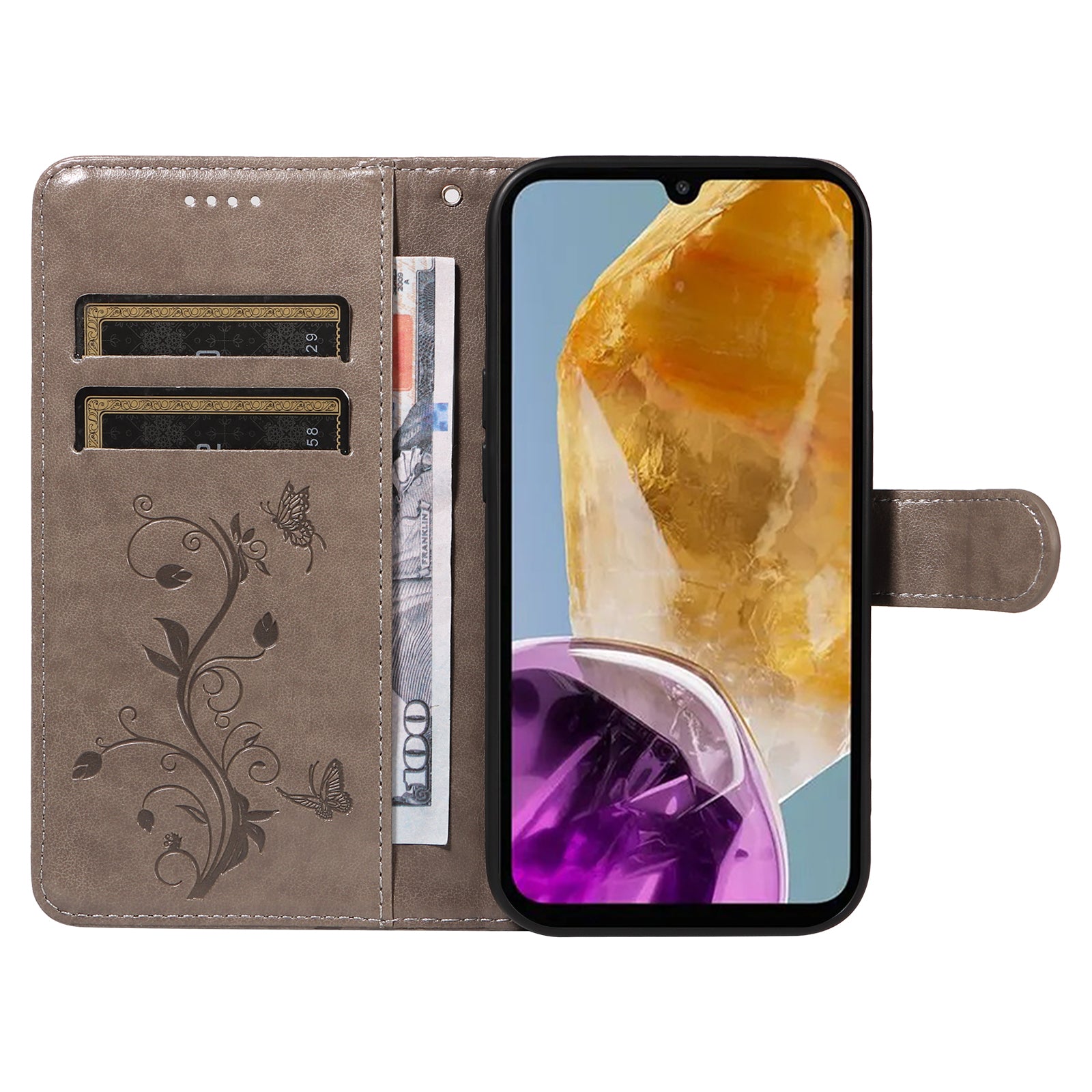 For Samsung Galaxy M15 5G Case Card Holder Butterfly Flower Pattern Leather Phone Cover