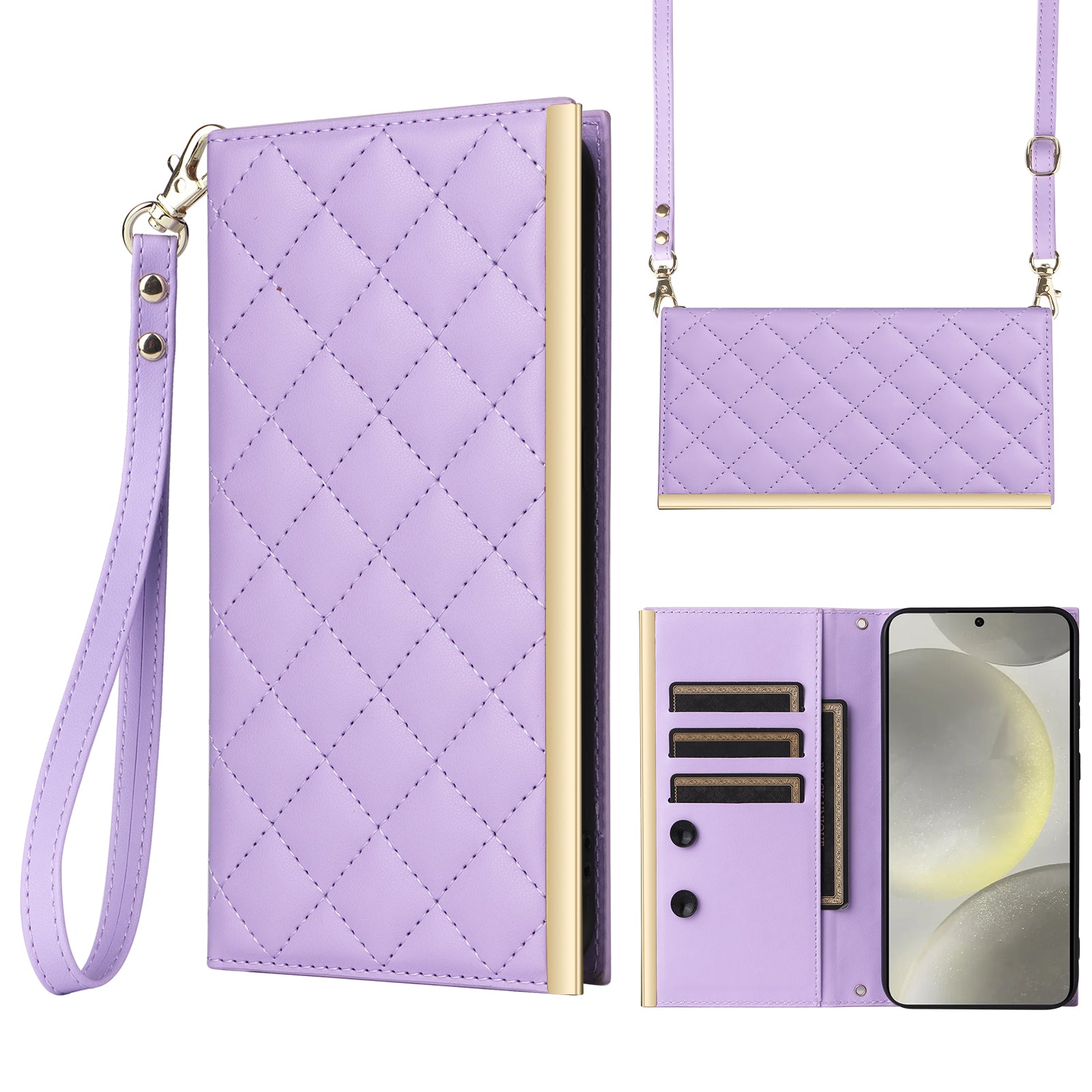 For Samsung Galaxy S24 Stand Wallet Phone Case PU Leather Flip Cover with Shoulder Strap