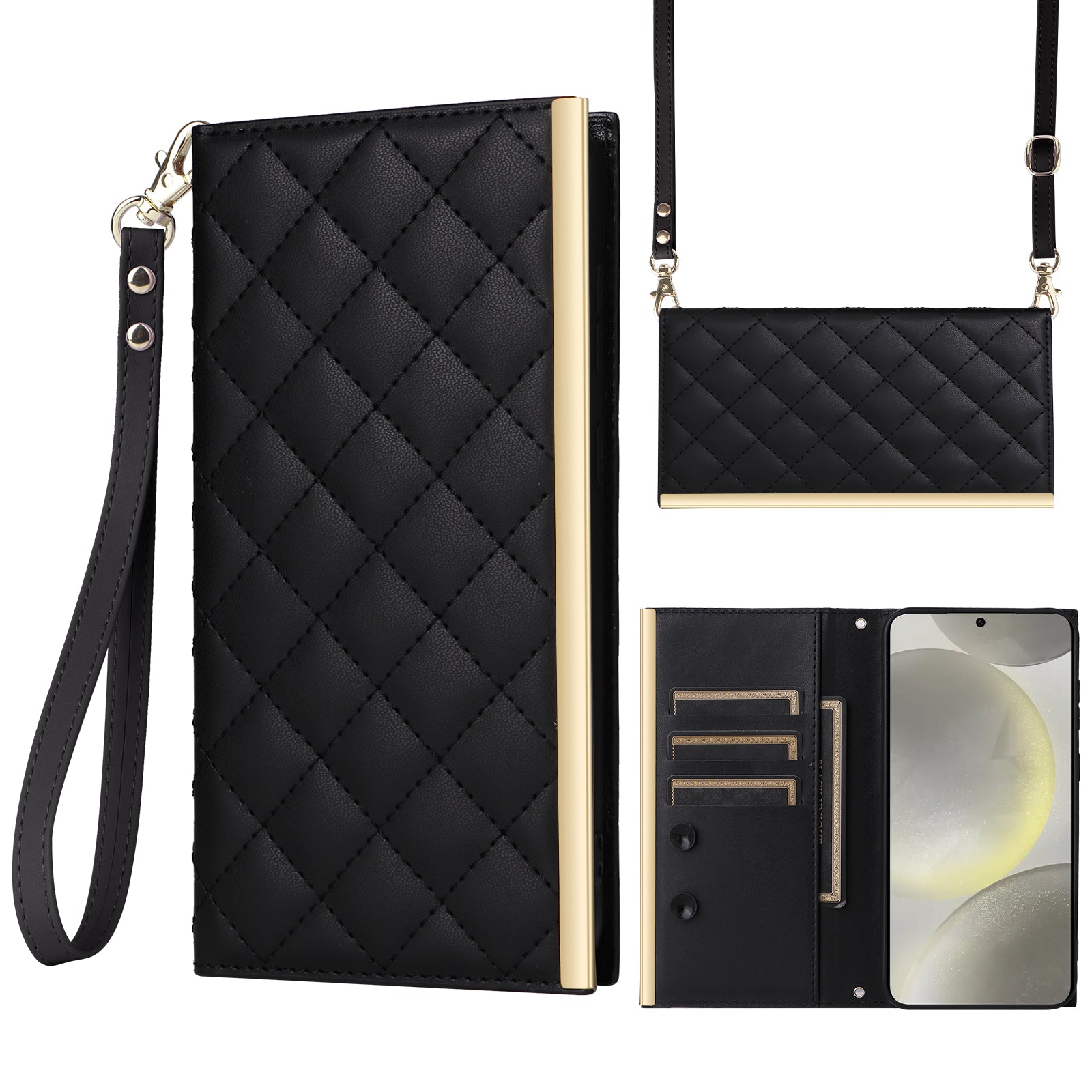 For Samsung Galaxy S24 Stand Wallet Phone Case PU Leather Flip Cover with Shoulder Strap