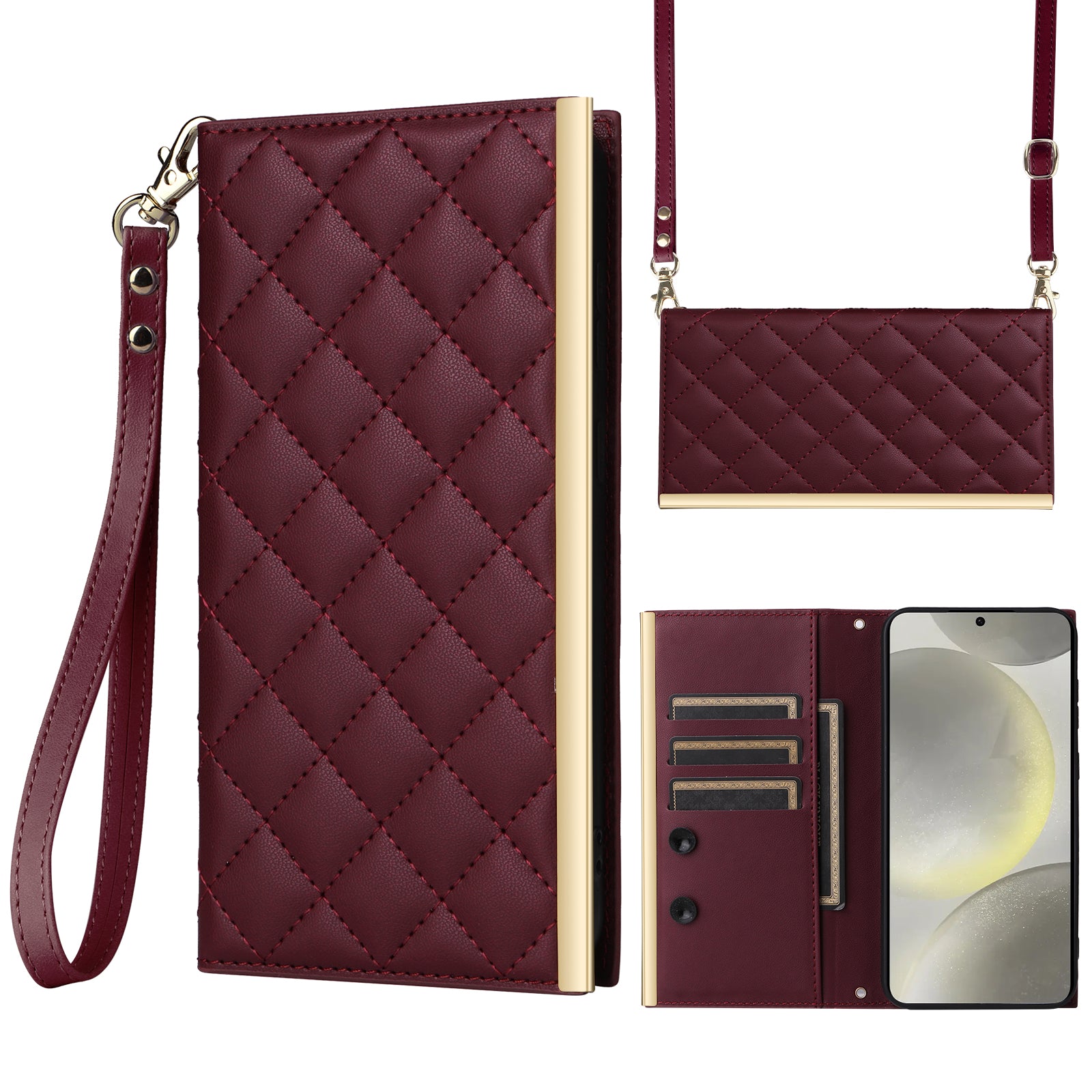 For Samsung Galaxy S24 Stand Wallet Phone Case PU Leather Flip Cover with Shoulder Strap