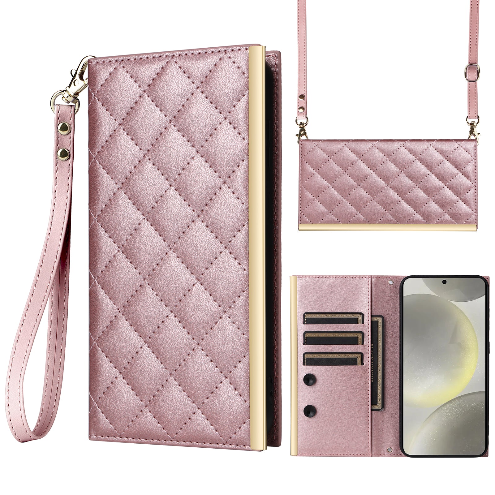 For Samsung Galaxy S24 Stand Wallet Phone Case PU Leather Flip Cover with Shoulder Strap